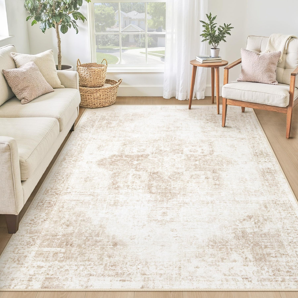 Area Rug 8x10 Washable Rug, Vintage Boho Medallion Rugs Non-Slip Soft Low Pile Large Distressed Rug Indoor Retro Carpet for Living Room Bedroom Dining Room Office Children's Room(Beige, 8'x10')