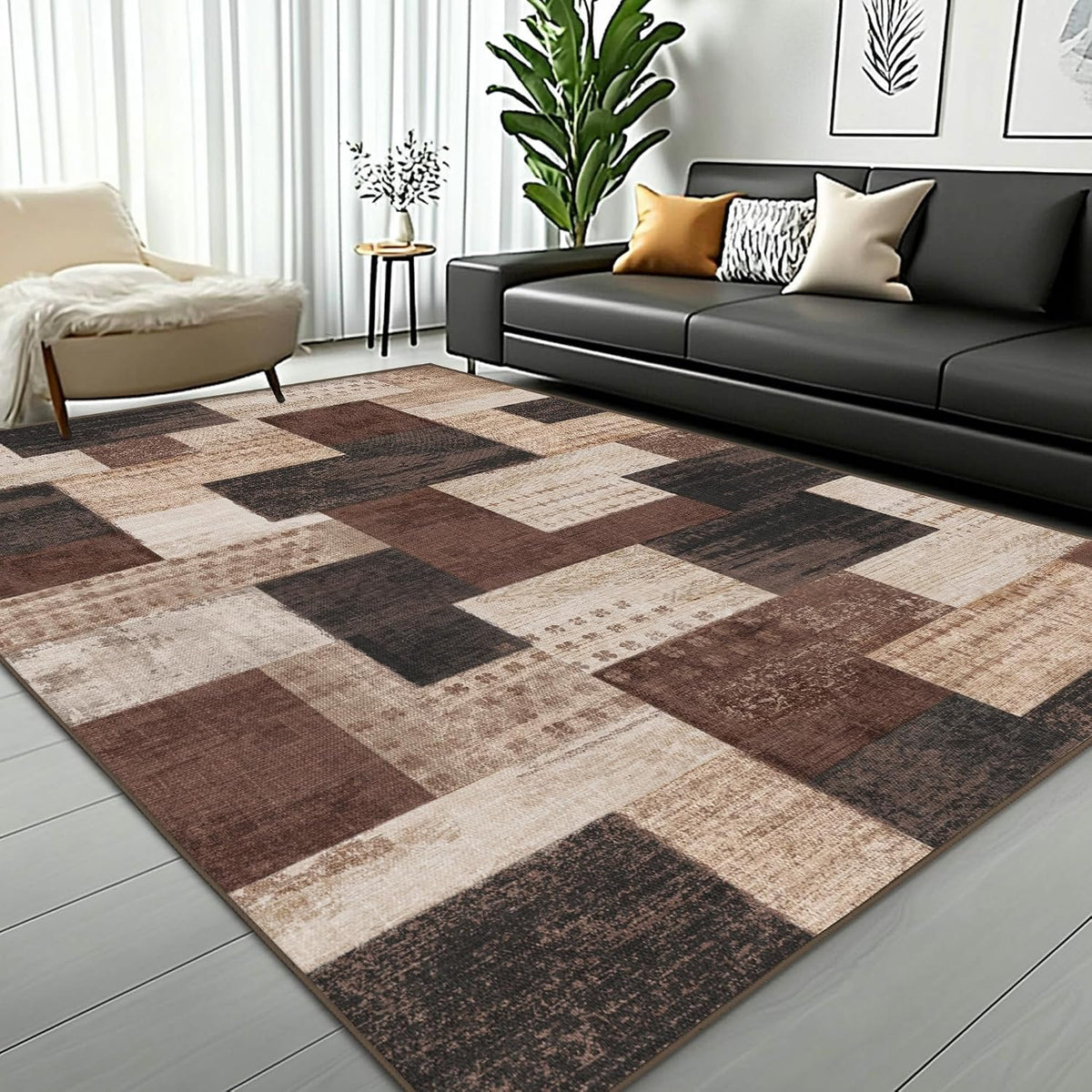Modern Geometric Patchwork Indoor Area Rug for Living Room, Chocolate 5'x 7' Large Rug Rockwood Collection Hardwood Floors Decor for Bedroom, Brown Throw Carpet for Office Entryway Dining Room