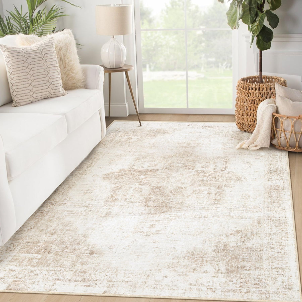 Area Rug 8x10 Washable Rug, Vintage Boho Medallion Rugs Non-Slip Soft Low Pile Large Distressed Rug Indoor Retro Carpet for Living Room Bedroom Dining Room Office Children's Room(Beige, 8'x10')