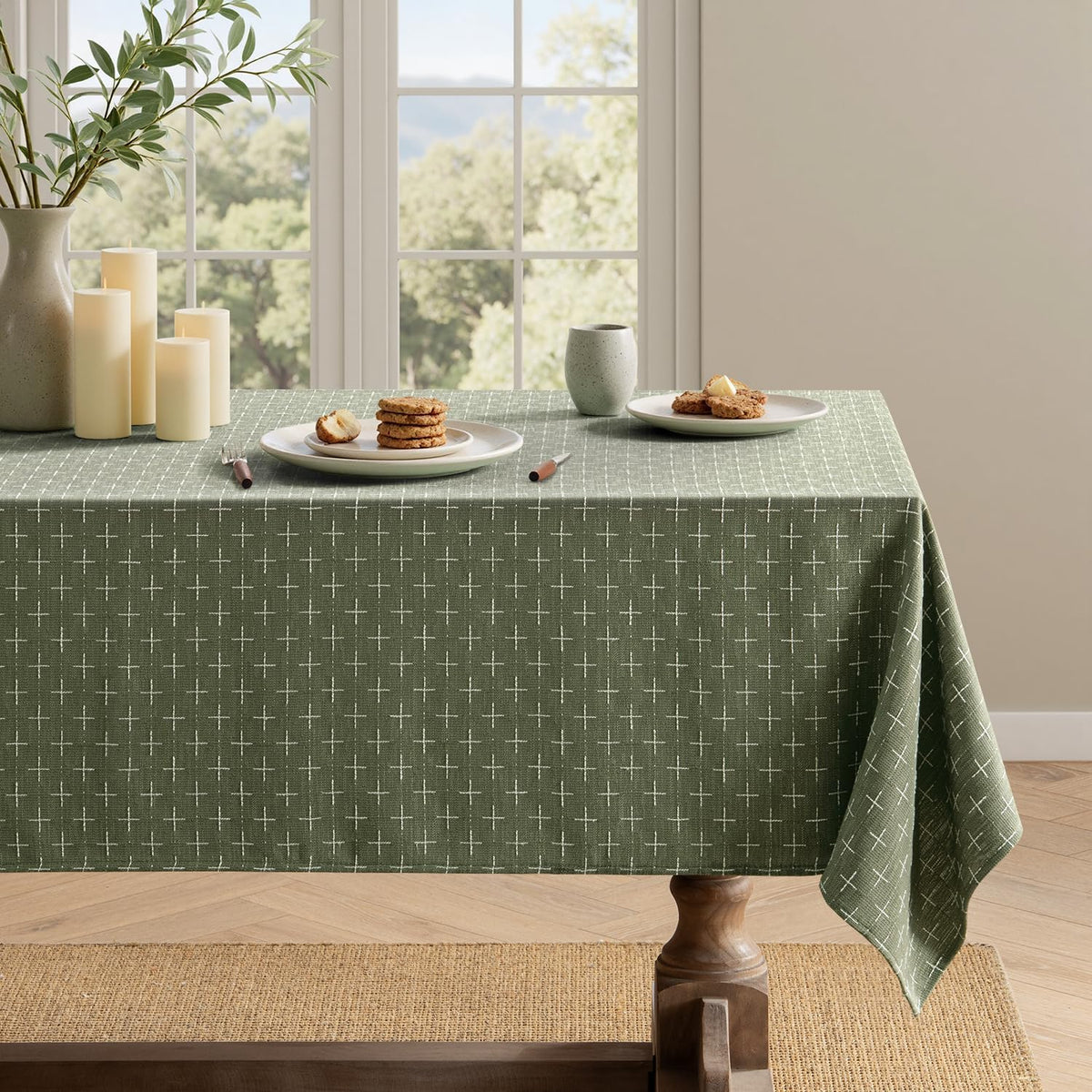 MIULEE Olive Green Rectangle Cross-Star Textured Table Cloth 60x84 Inch
