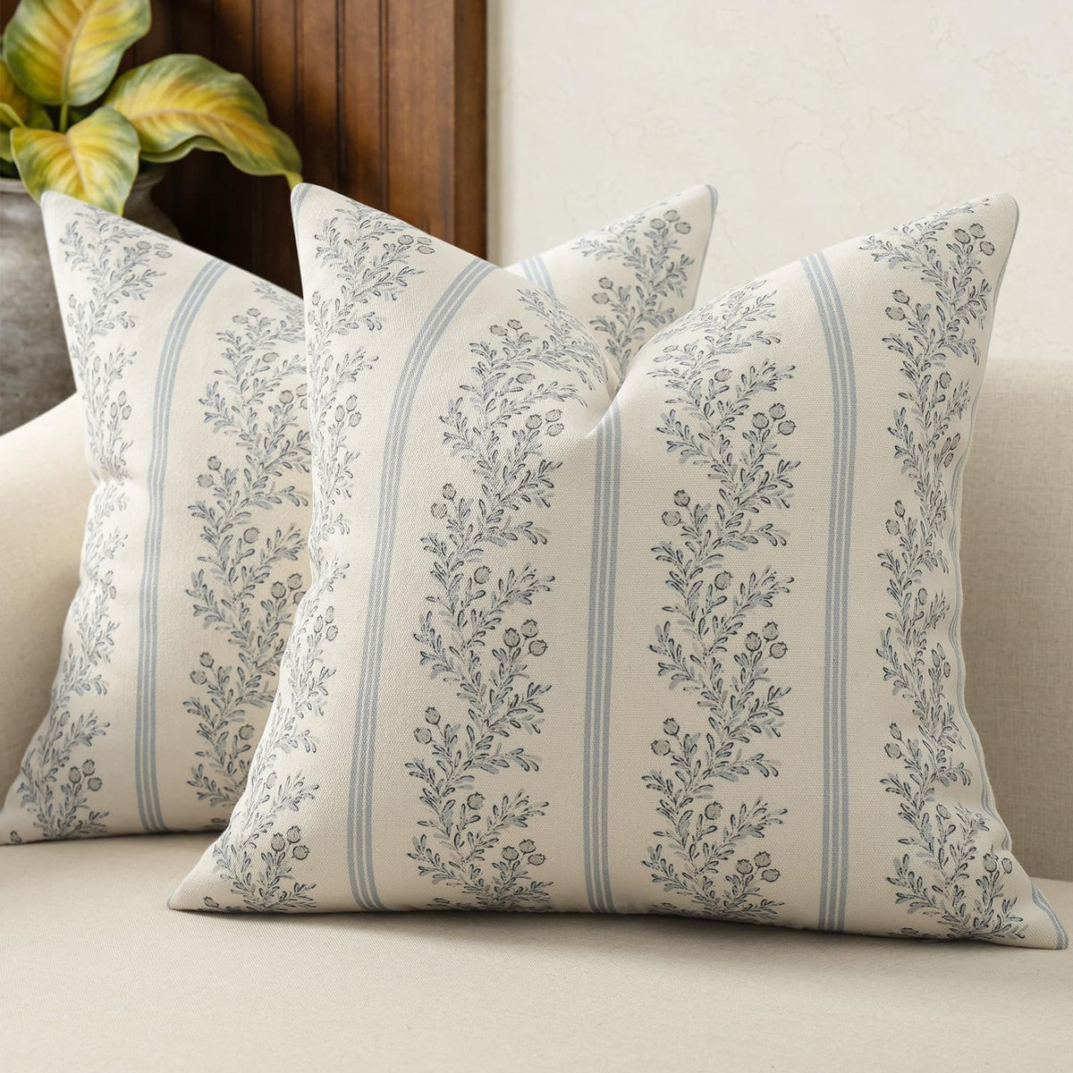 Vintage Throw Pillow Covers 18x18 Set of 2, Striped Floral Pillow Cover Botanical Patterned Decorative Cushion Covers Modern Farmhouse Home Decor for Sofa Couch Bed Living Room, Light Blue