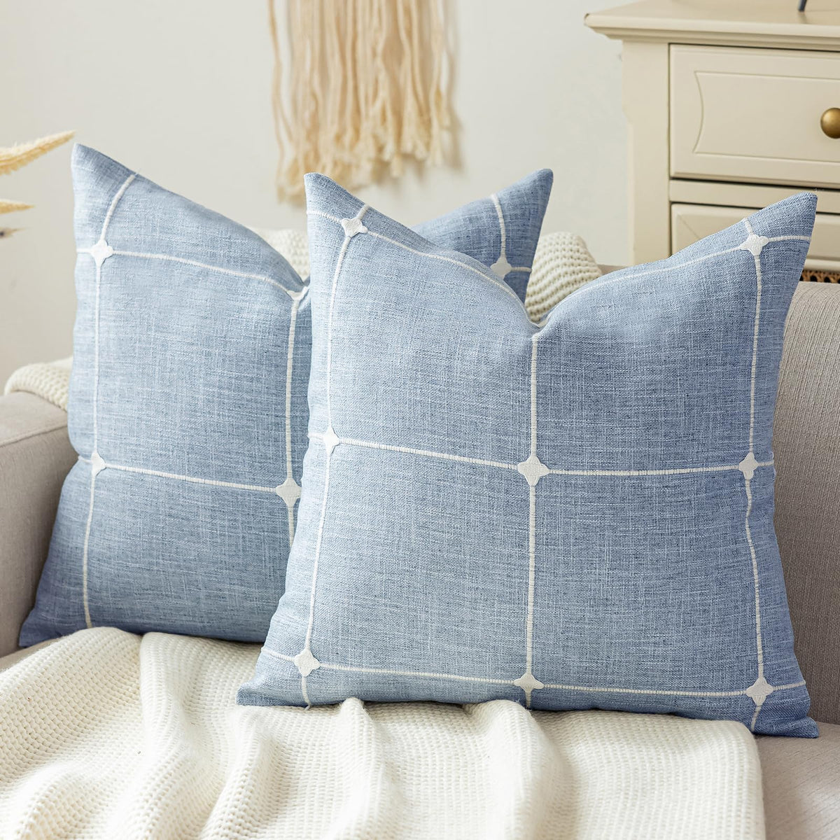 vctops Rustic Lattice Cotton Linen Decorative Throw Pillow Cover Embroidery Square Cushion Cover Pillowcase for Sofa Bedroom Couch (Plaid Coffee,18"x18")
