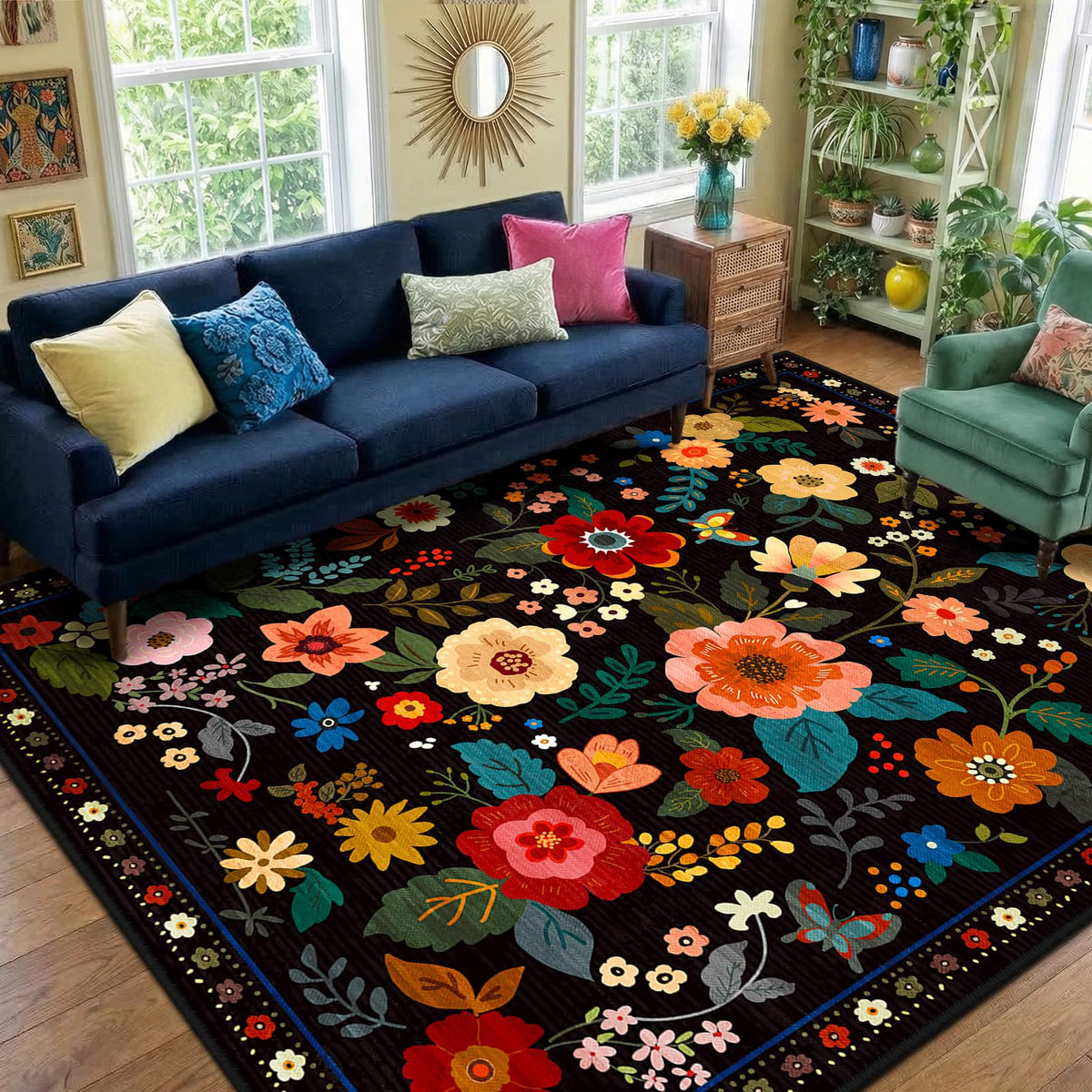 RELEANY Floral Washable 5x7 Area Rugs Black