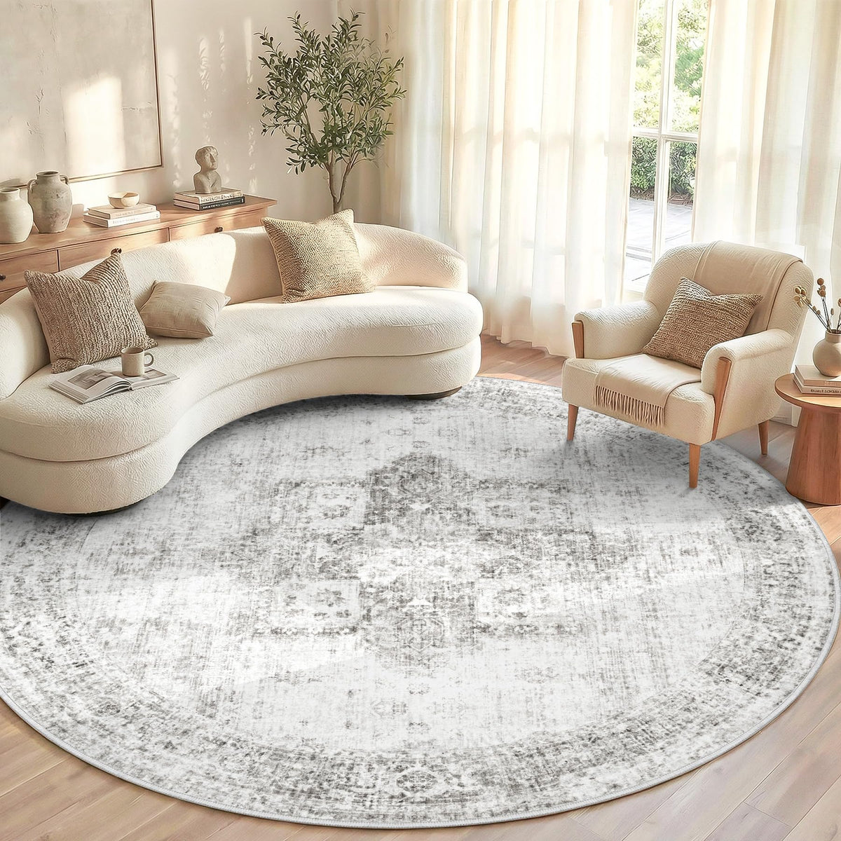 Area Rug 8x10 Washable Rug, Vintage Boho Medallion Rugs Non-Slip Soft Low Pile Large Distressed Rug Indoor Retro Carpet for Living Room Bedroom Dining Room Office Children's Room(Beige, 8'x10')