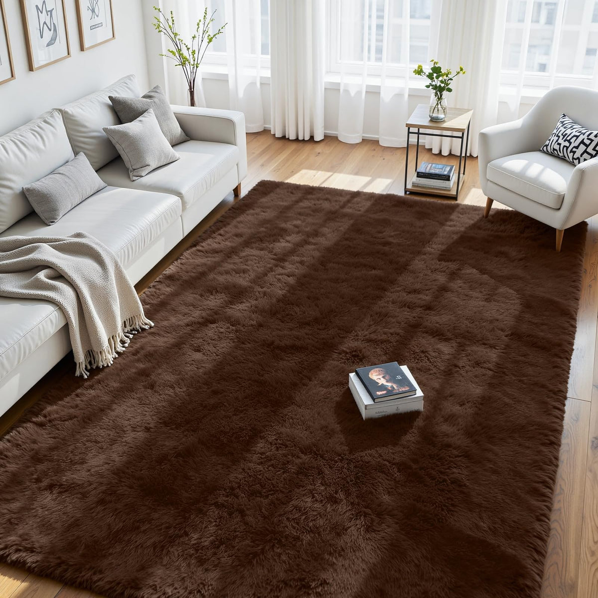 8x10 Fluffy Area Rug for Living Room: Soft Non-Slip Black Bedroom Carpet