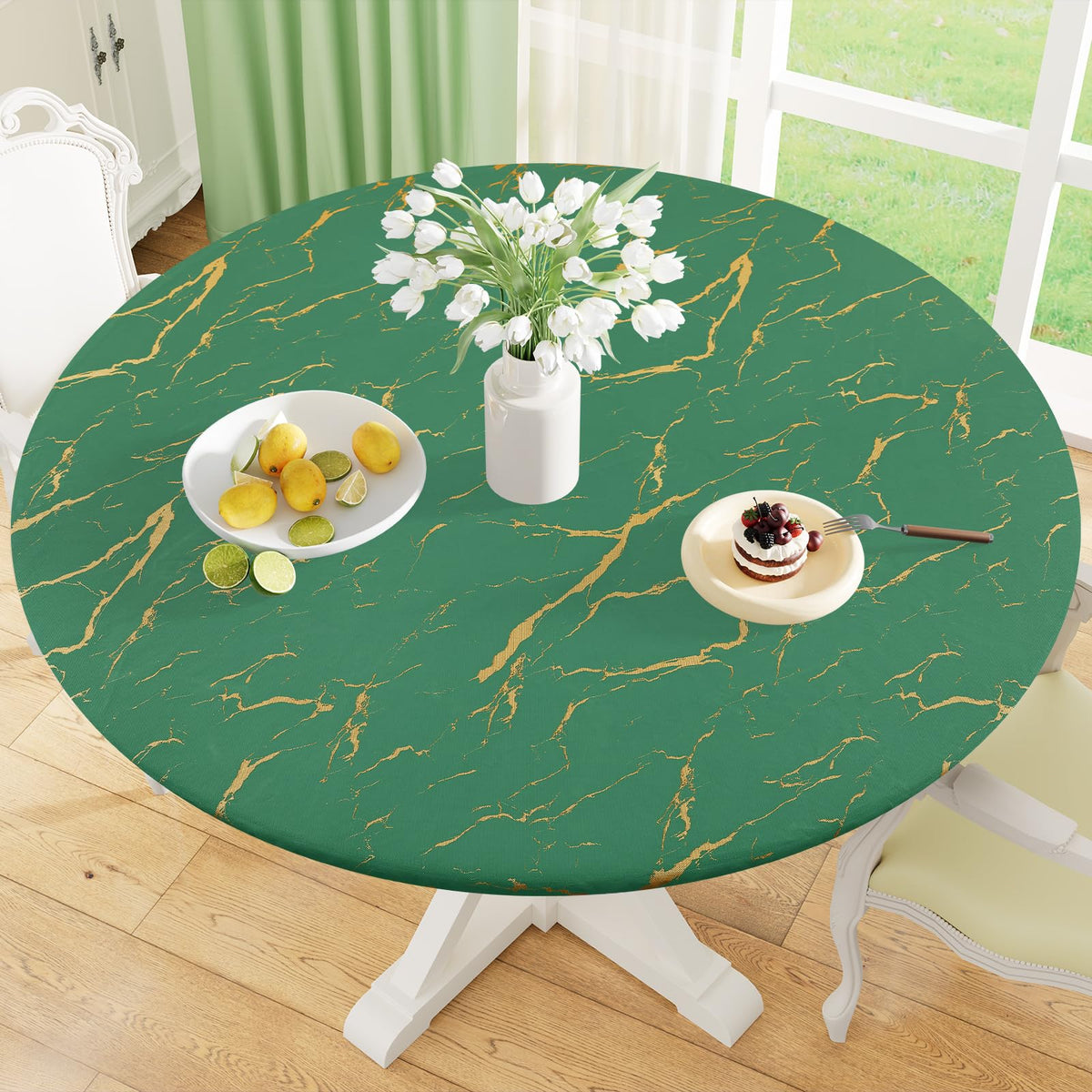 misaya Round Fitted Tablecloth with Elastic Edge, 100% Waterproof Oil Proof Plastic Table Cover, Vinyl Flannel Backed Tablecloth Fits 36"-44" Round Tables for Dinner, Outdoor, Picnic, Flowers