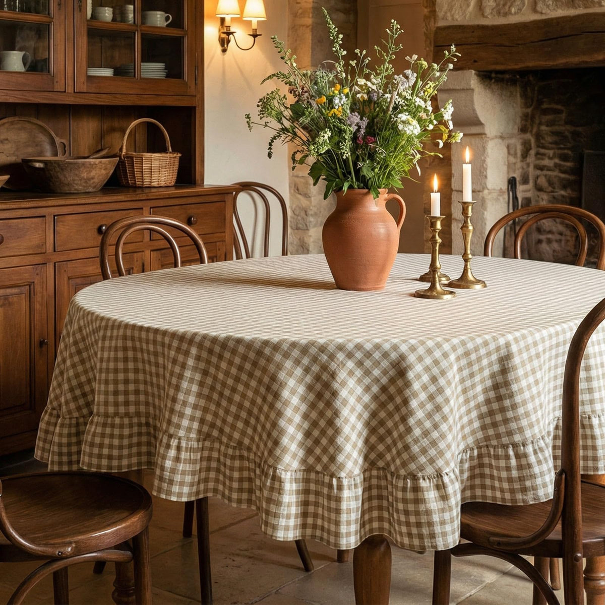 Mindsoft Brown Ruffled Gingham Tablecloth, 52 x 70 Inches, Rectangle