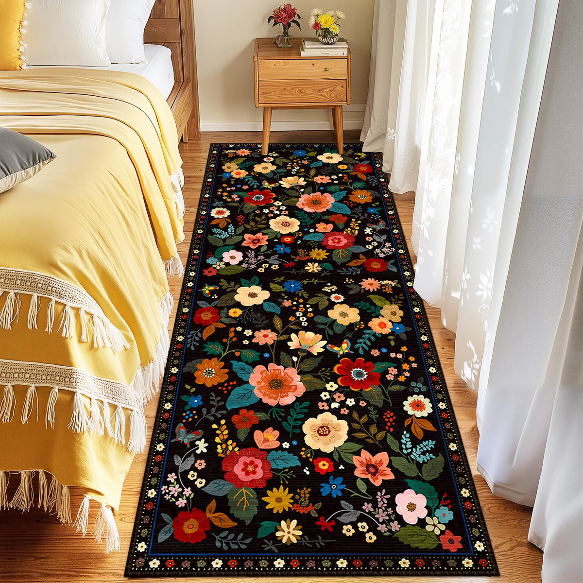 RELEANY Floral Washable 5x7 Area Rugs Black