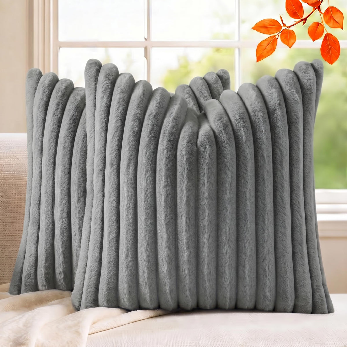 Set of 2 Decorative Throw Pillow Covers 18x18, Faux Fur Cream White