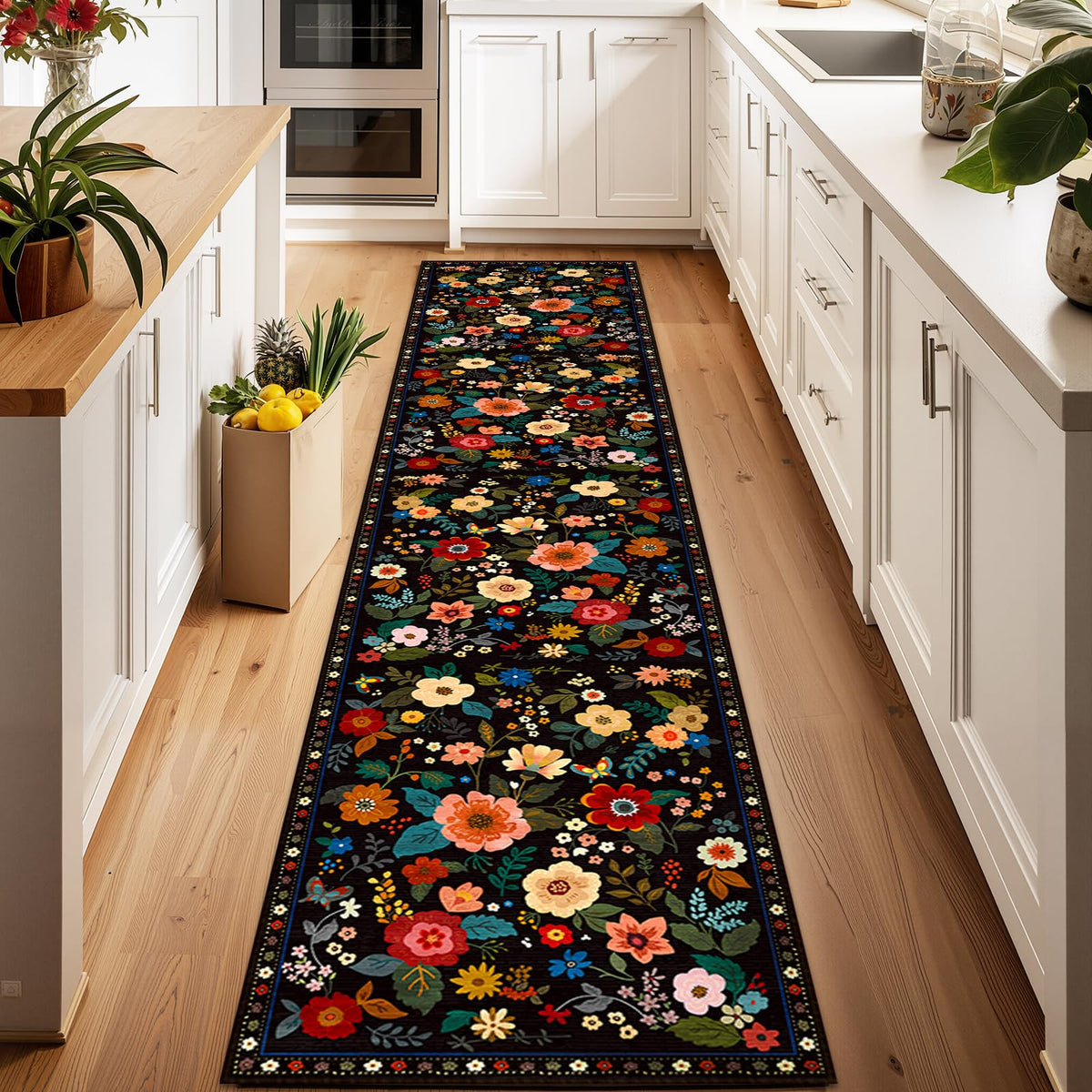 RELEANY Floral Washable 5x7 Area Rugs Black