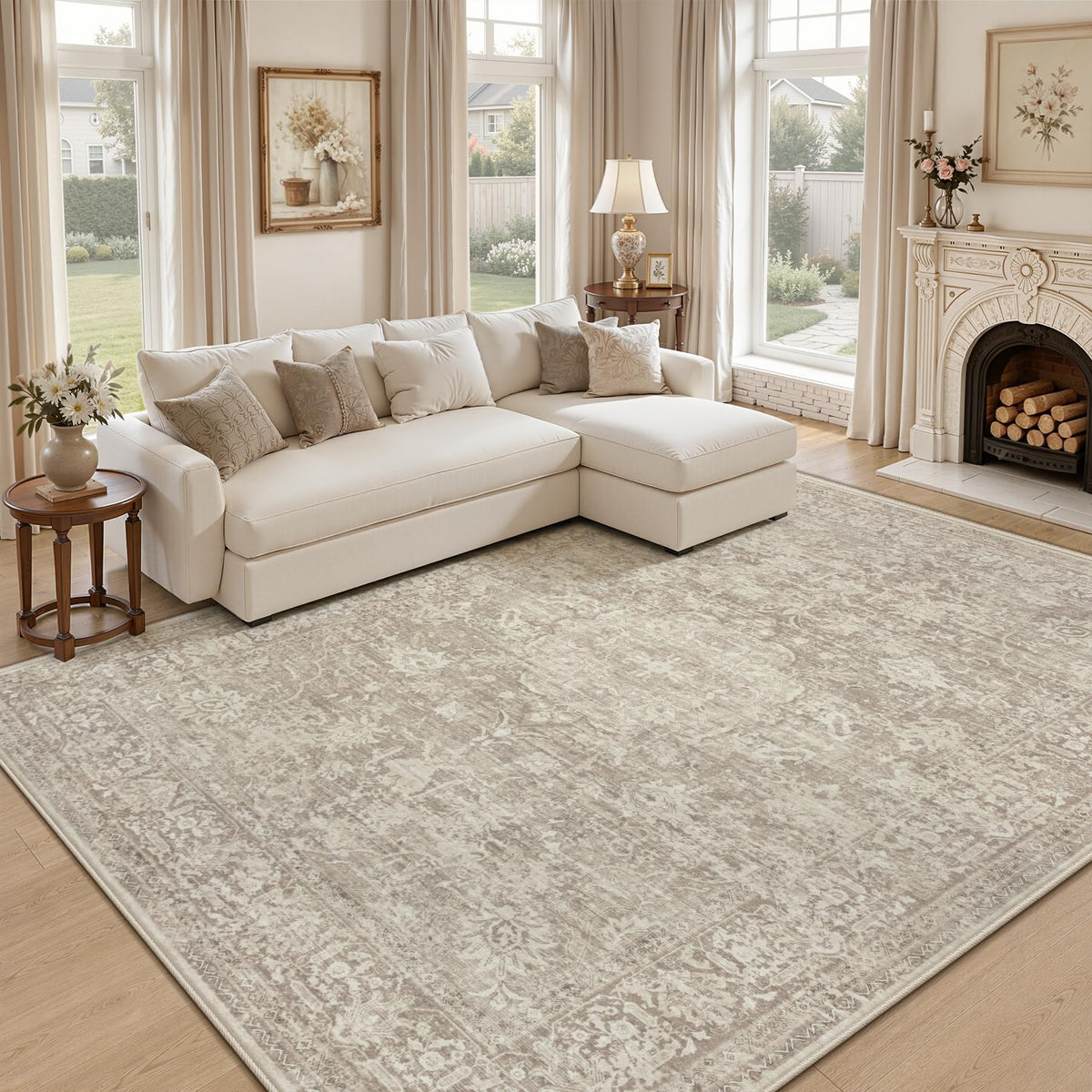8x10 Area Rugs for Living Room: Washable Boho Vintage Floral Rug Large Soft Non-Slip Rugs Stain Resistant Low Pile Indoor Carpet for Bedroom Dining Room Nursery Home Office Beige