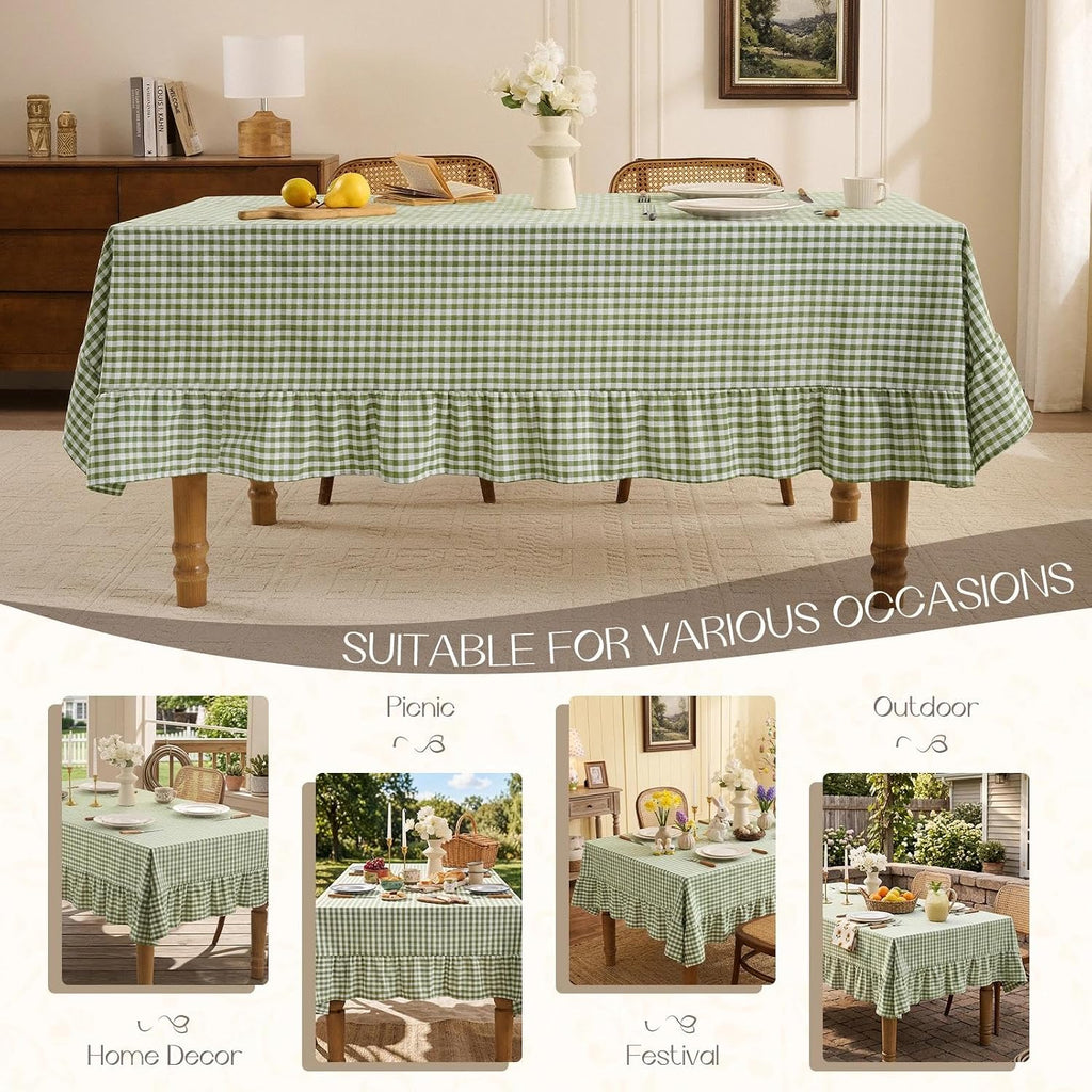 Romanstile Gingham Ruffled Tablecloth Rectangle, 60 x 84 Inch, Sage Green