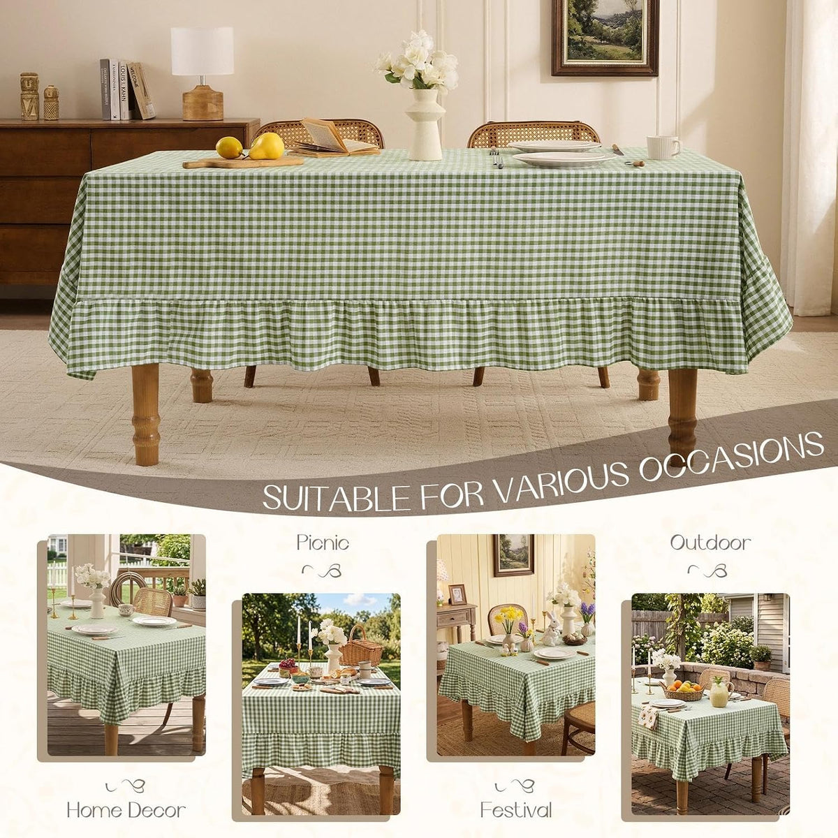 Romanstile Gingham Ruffled Tablecloth Rectangle, 60 x 84 Inch, Sage Green
