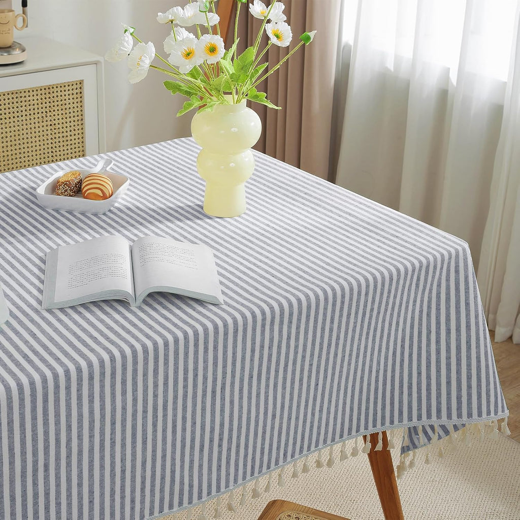 meioro Table Cloth Blue White Striped Tablecloth with Tassels Cotton Linen Dust-Proof Table Cover for Dining Buffet Kitchen Picnic Tables, Parties Holiday Indoor Outdoor Tablecloths (39x55 Inch)