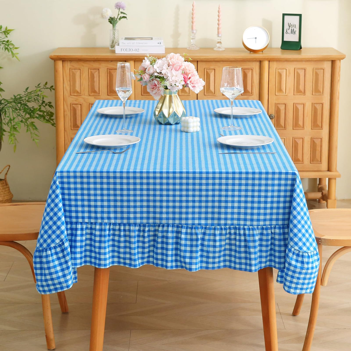 Blush White Gingham Ruffled Table Cloth Rectangular 120“x60”
