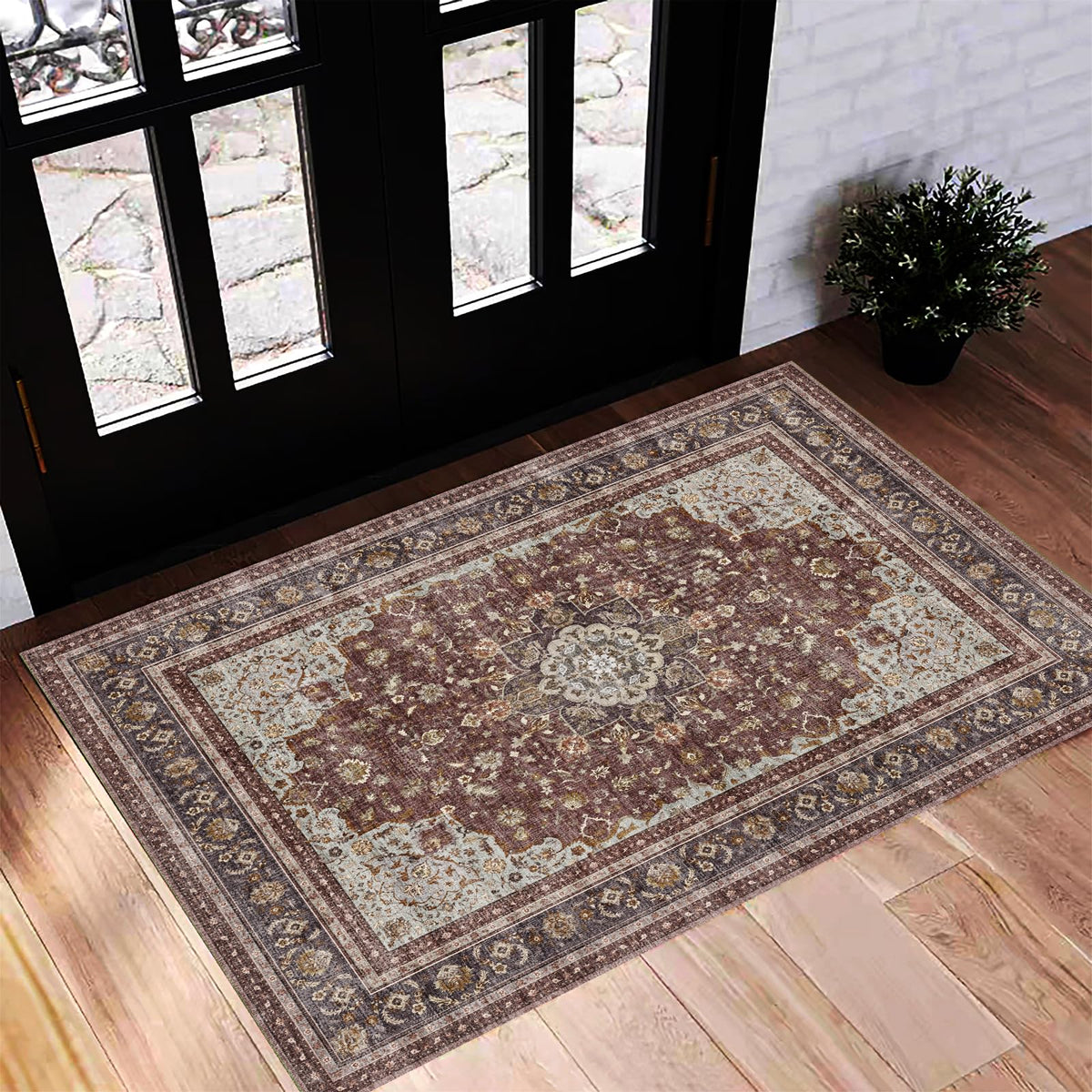 CHAMPLANT 6'x9' Washable Vintage Area Rug Boho Chic Medallion Distressed Design Non-Shedding Easy Care Ideal for High Traffic Areas in Living Room Bedroom Kitchen Office Large Carpet