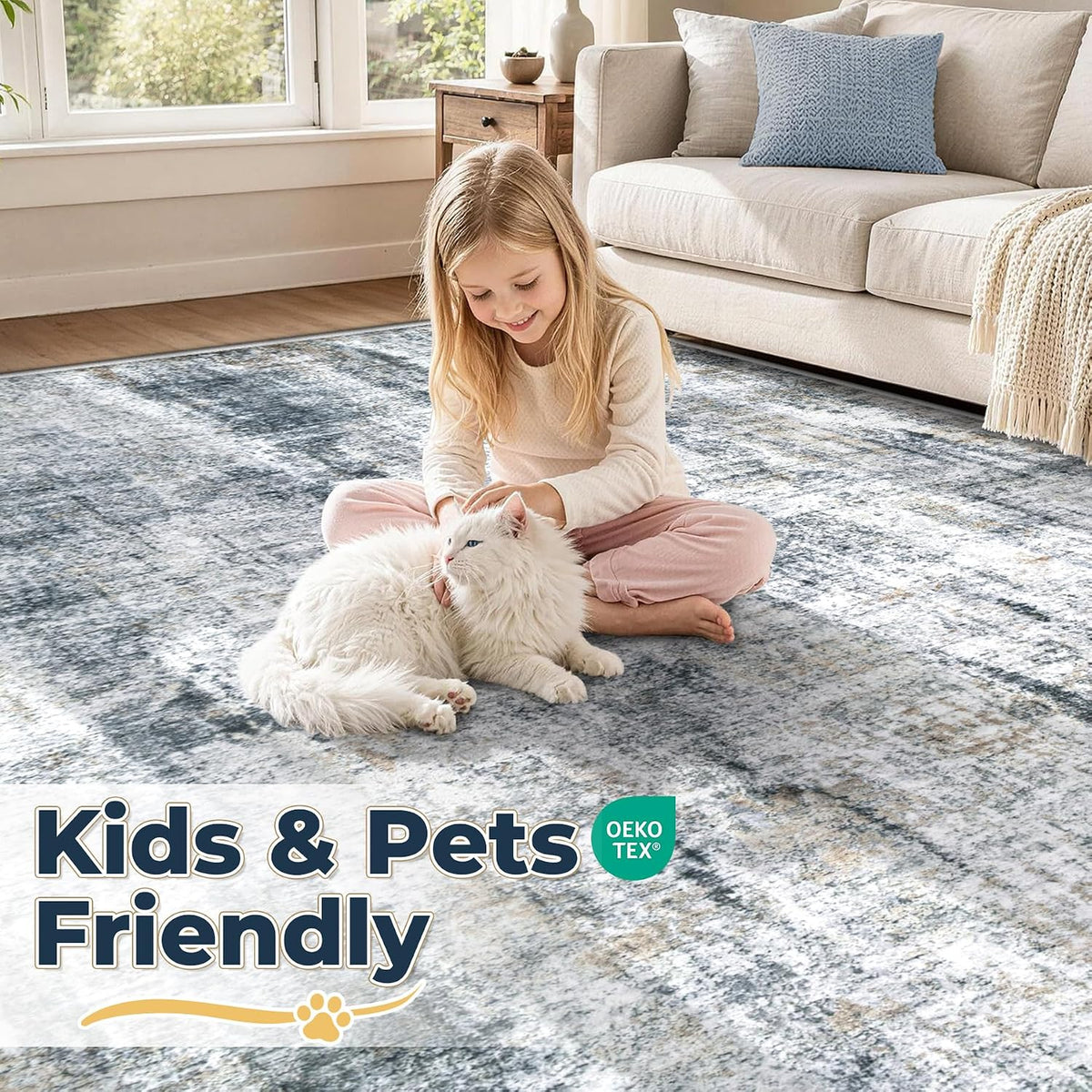 MXSANYOO 8x10 Area Rugs Washable Rug: Abstract Neutral Rugs Modern Non Slip Area Rug Stain Resistant Low Pile Indoor Carpet for Dining Room Bedroom Nursery Office (Multi Blue, 8'x10')