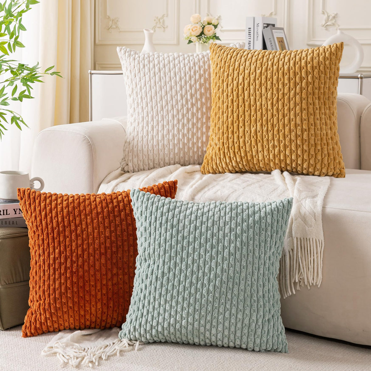 Set of 4 Neutral Decorative Throw Pillow Covers 18x18 Inch Corduroy Pillow Covers for Bed Couch Sofa Living Room Soft Square Cushion Cases
