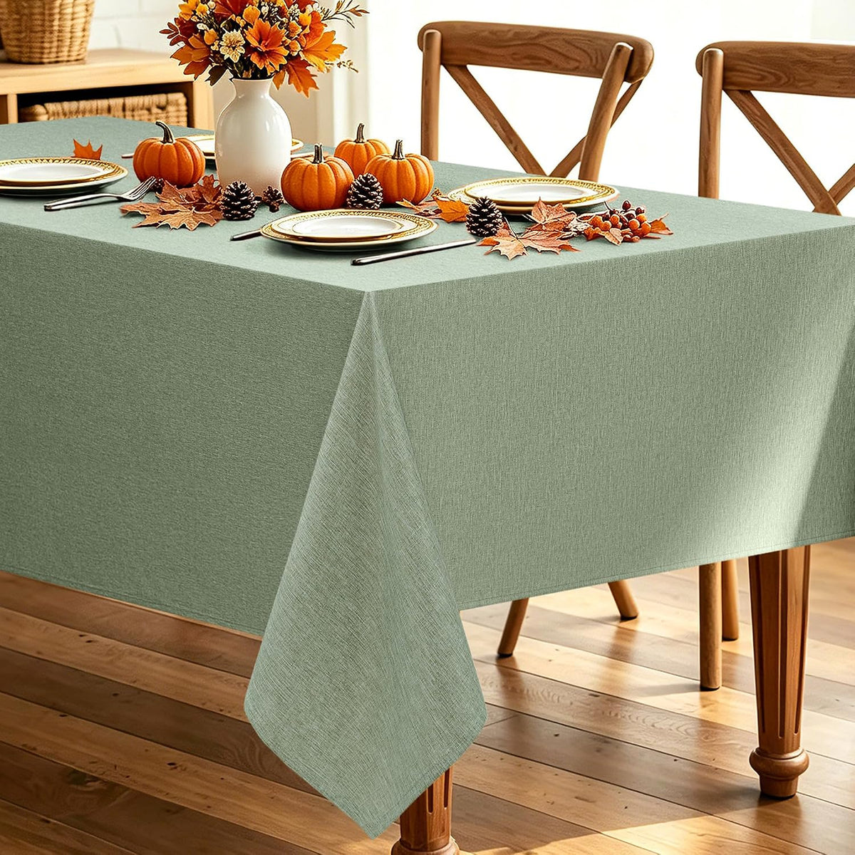 Decorelia Sage Green Linen Textured Tablecloth Rectangular 52 x70 Inch
