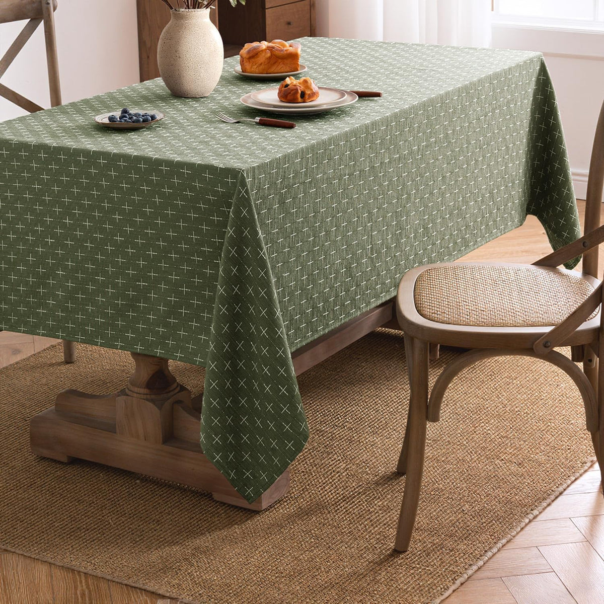 MIULEE Olive Green Rectangle Cross-Star Textured Table Cloth 60x84 Inch