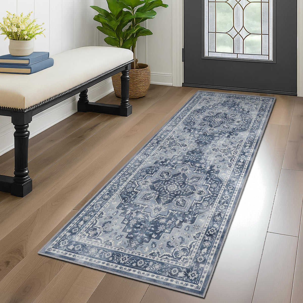 Vintage Dark Green Area Rugs 5x7 for Living Room, Tranditional Distressed Medallion Printed Low Pile Thin Rugs for Bedroom, Non Slip Washable Carpet Rugs for Dining Room/Kitchen/Home Office