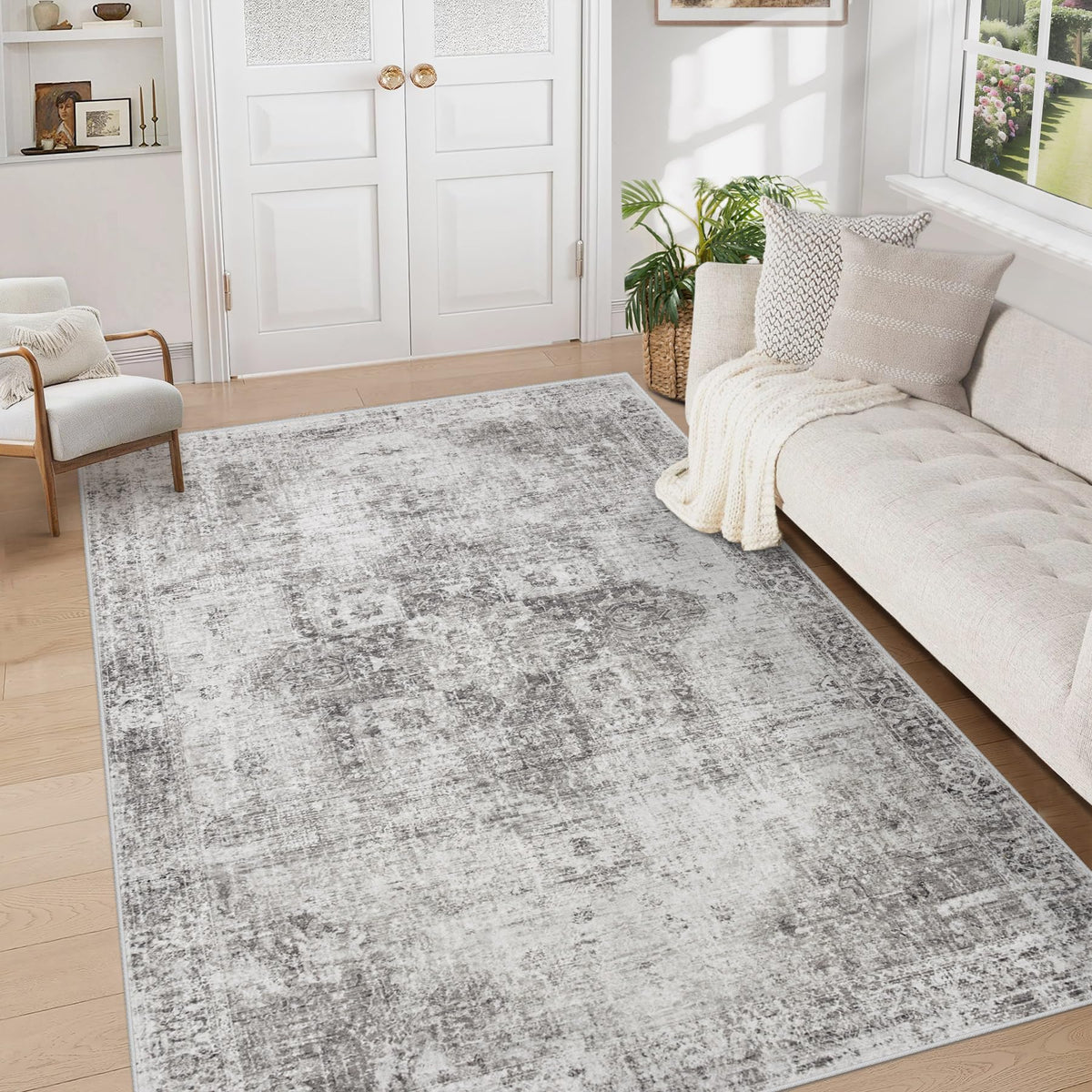 Area Rug 8x10 Washable Rug, Vintage Boho Medallion Rugs Non-Slip Soft Low Pile Large Distressed Rug Indoor Retro Carpet for Living Room Bedroom Dining Room Office Children's Room(Beige, 8'x10')