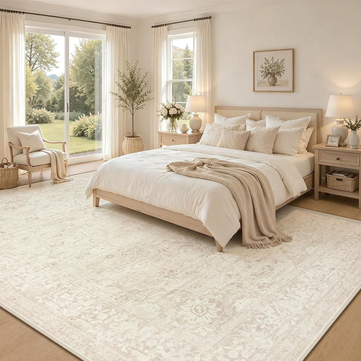 8x10 Area Rugs for Living Room: Washable Boho Vintage Floral Rug Large Soft Non-Slip Rugs Stain Resistant Low Pile Indoor Carpet for Bedroom Dining Room Nursery Home Office Beige