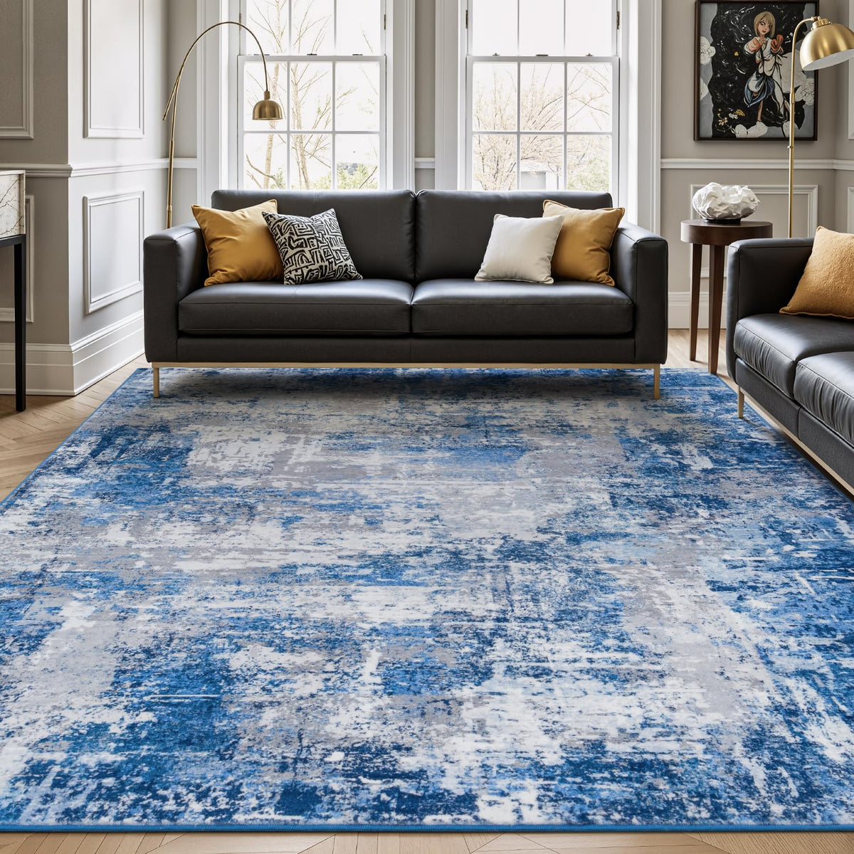 Rugflix 8x10 Area Rugs for Living Room, Washable Large Rug Stain-Resistant Low Pile, Modern Dark Carpet for Dining Room Home Office Kid Room Nursery Bedroom, Navy Blue/Black