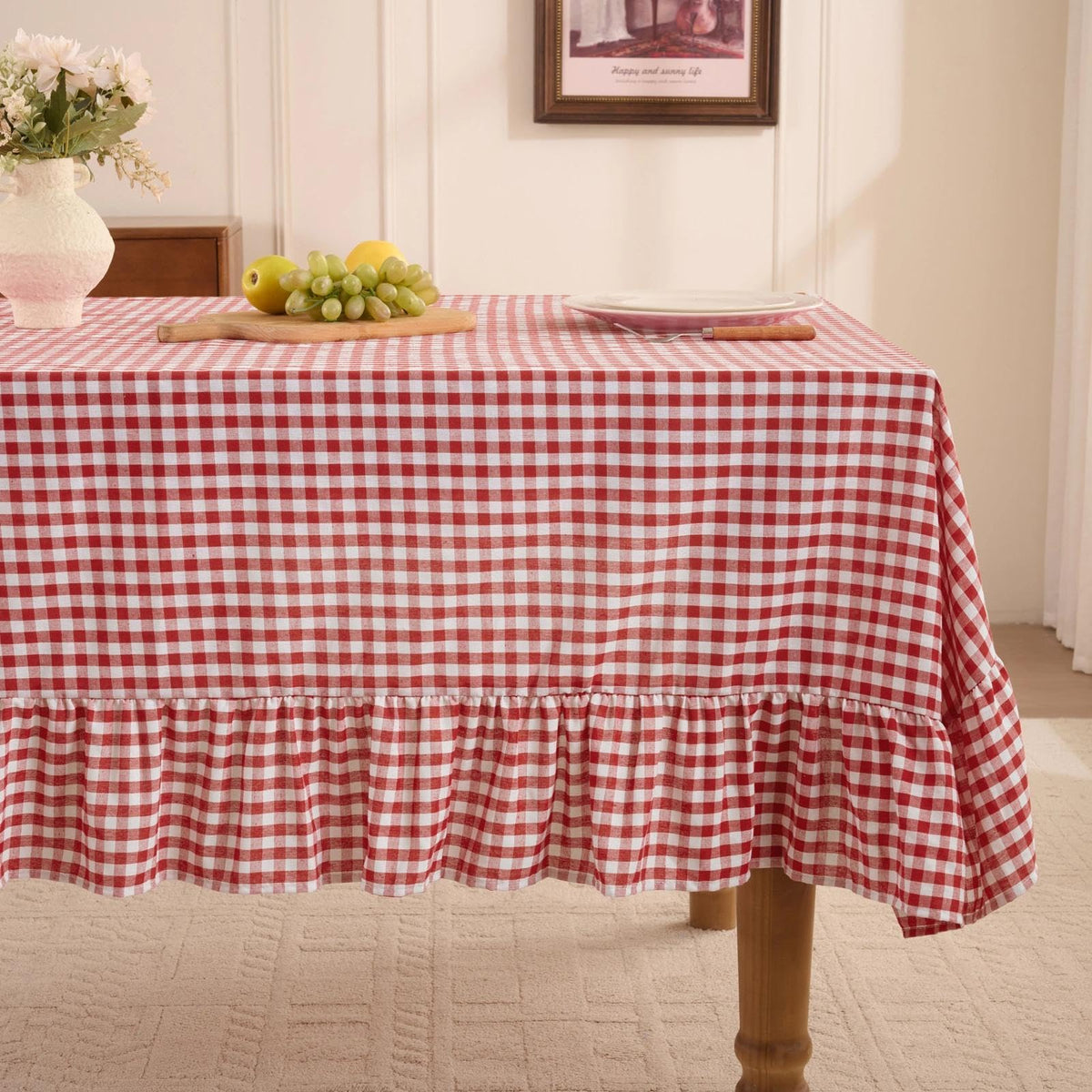 Romanstile Gingham Ruffled Tablecloth Rectangle, 60 x 84 Inch, Sage Green