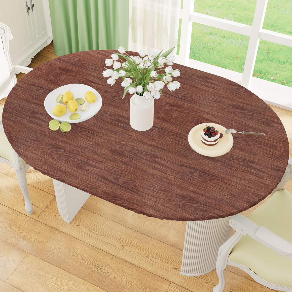 misaya Round Fitted Tablecloth with Elastic Edge, 100% Waterproof Oil Proof Plastic Table Cover, Vinyl Flannel Backed Tablecloth Fits 36"-44" Round Tables for Dinner, Outdoor, Picnic, Flowers
