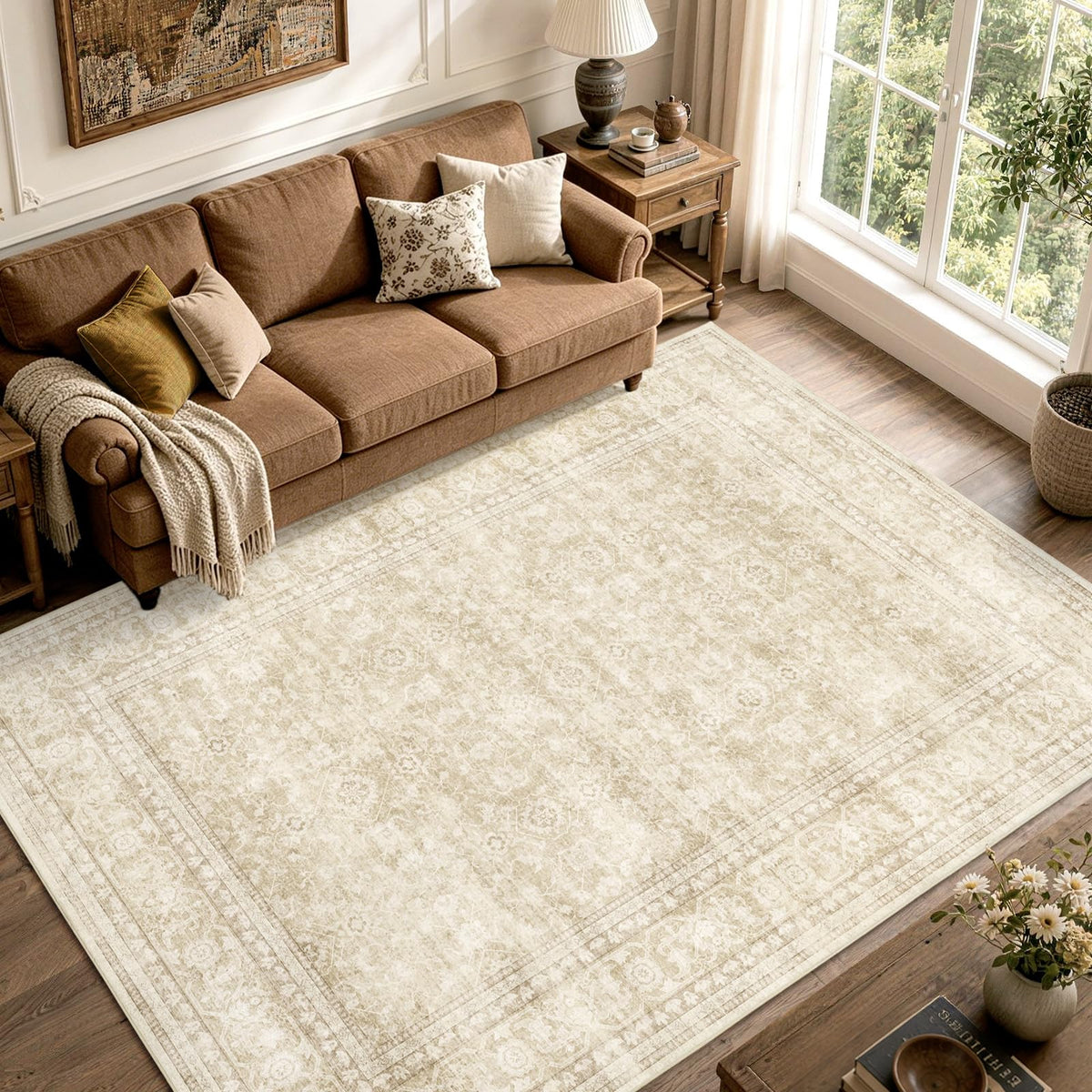 6x9 Ft Large Area Rugs for Living Room, Soft Non-Slip Machine Washable Rug, Vintage Stain Resistant Carpets for Bedroom Nursery Dining Room Home Decor (Beige)