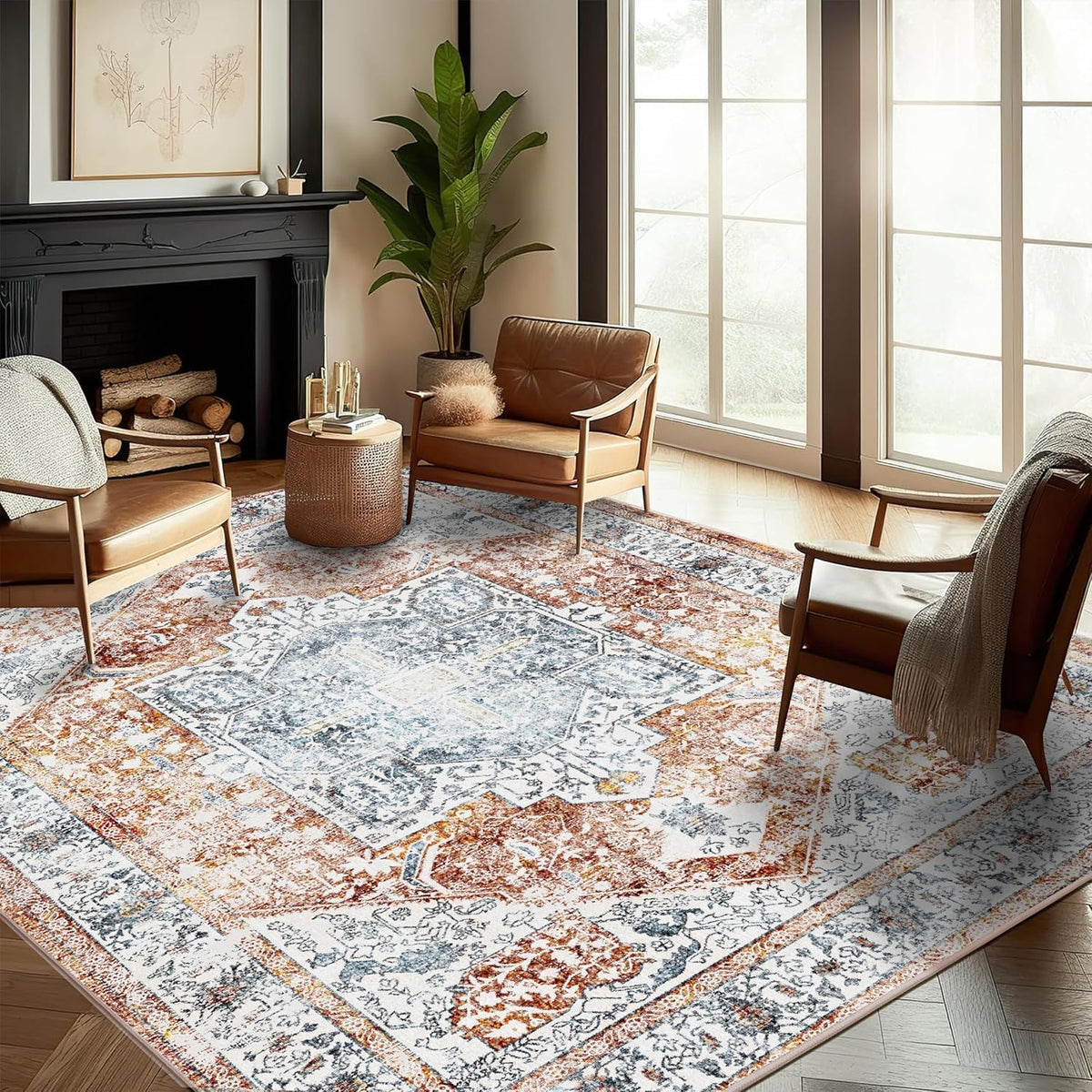 CHAMPLANT 6'x9' Washable Vintage Area Rug Boho Chic Medallion Distressed Design Non-Shedding Easy Care Ideal for High Traffic Areas in Living Room Bedroom Kitchen Office Large Carpet