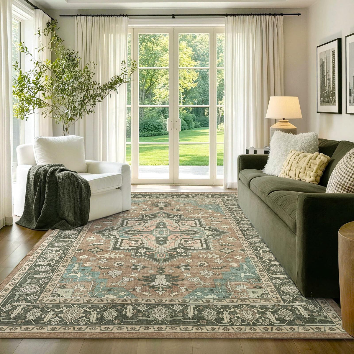 6x9 Ft Large Area Rugs for Living Room, Soft Non-Slip Machine Washable Rug, Vintage Stain Resistant Carpets for Bedroom Nursery Dining Room Home Decor (Beige)