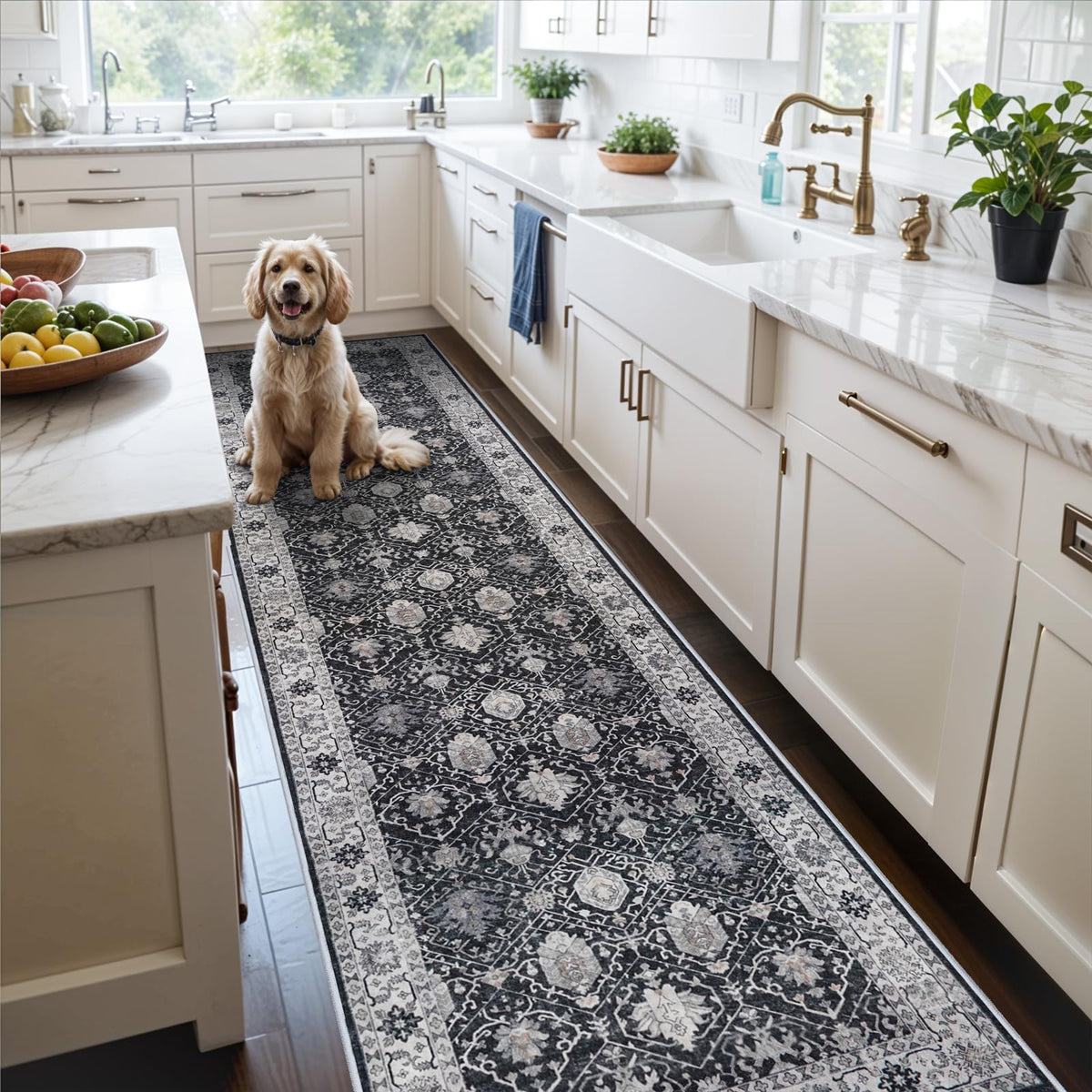 Hallway Washable Runner Rug - 2x10 Kitchen Rugs Entryway Rug Runner Vintage Soft Floor Mat Non Slip Indoor Farmhouse Carpet for Bathroom Living Room Bedroom (2 X 10, Beige)