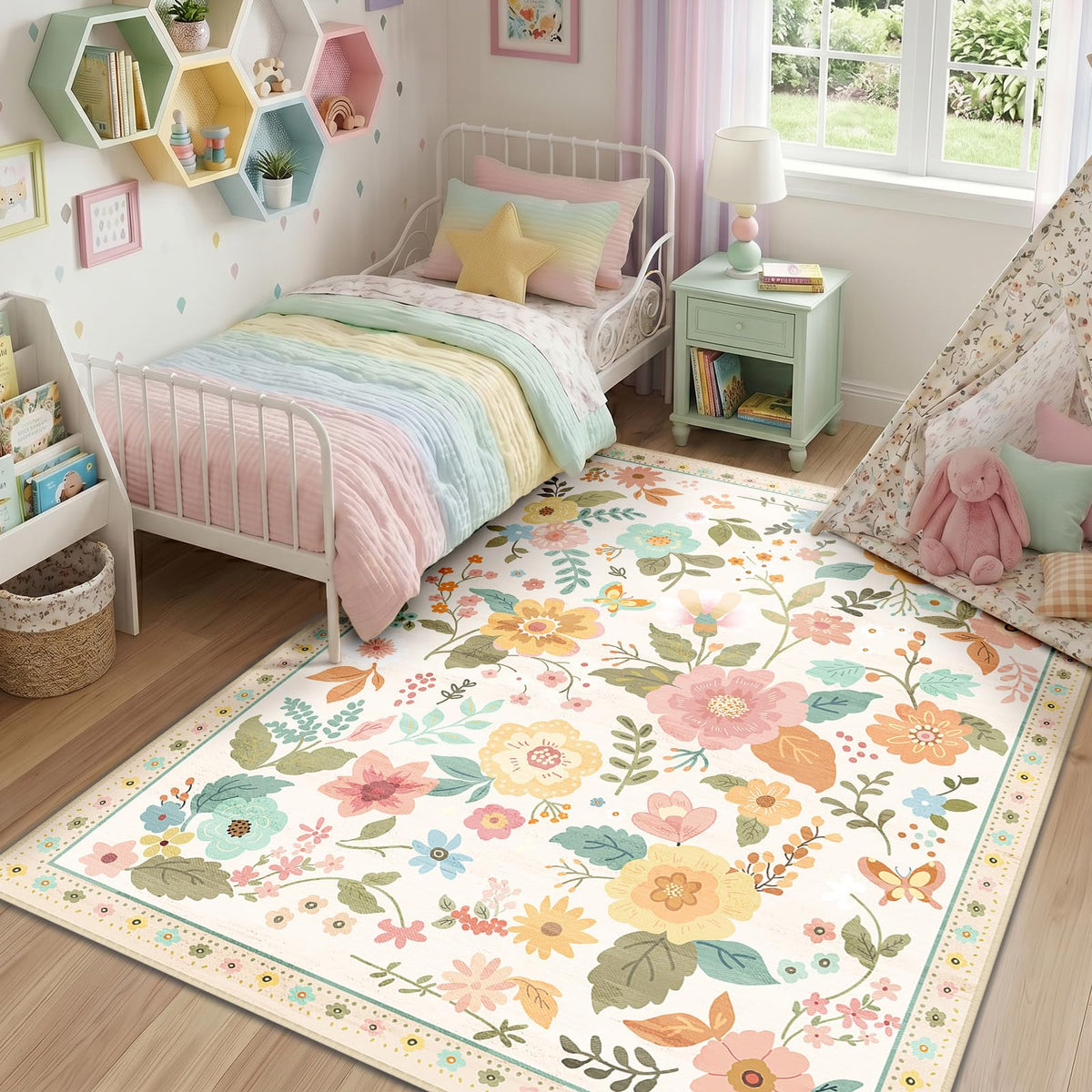 RELEANY Floral Washable 5x7 Area Rugs Black