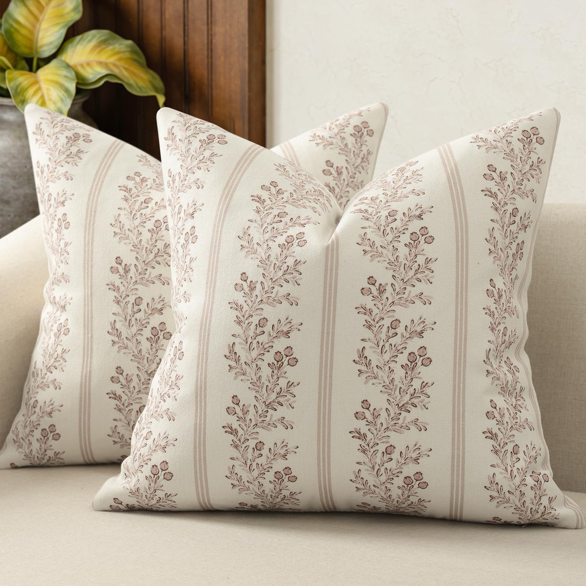 Vintage Throw Pillow Covers 18x18 Set of 2, Striped Floral Pillow Cover Botanical Patterned Decorative Cushion Covers Modern Farmhouse Home Decor for Sofa Couch Bed Living Room, Light Blue