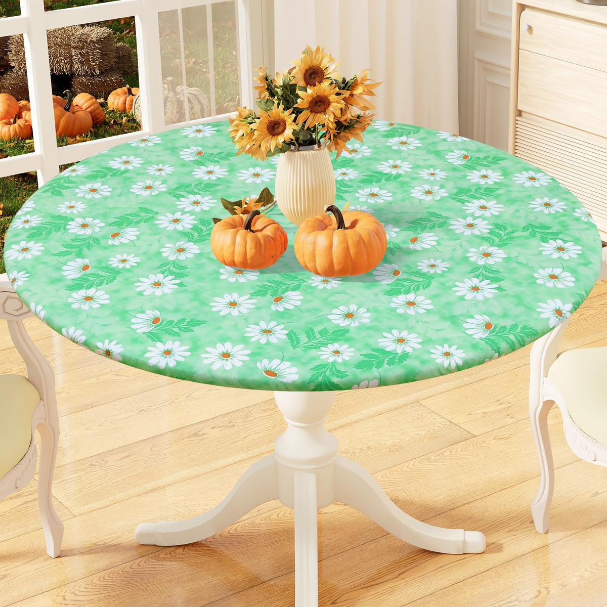 misaya Round Fitted Tablecloth with Elastic Edge, 100% Waterproof Oil Proof Plastic Table Cover, Vinyl Flannel Backed Tablecloth Fits 36"-44" Round Tables for Dinner, Outdoor, Picnic, Flowers