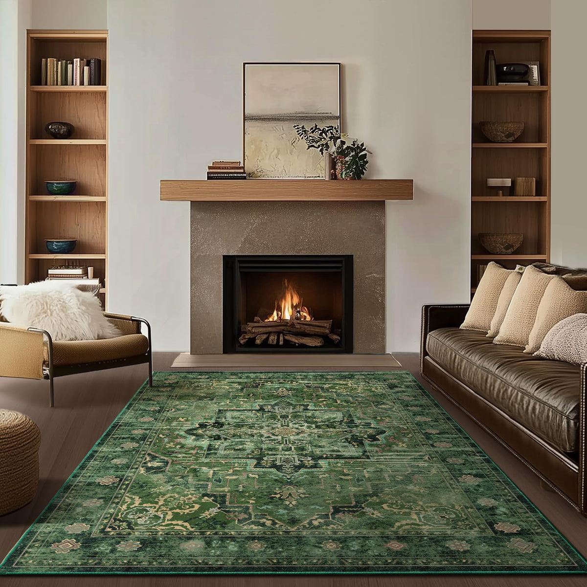 Vintage Dark Green Area Rugs 5x7 for Living Room, Tranditional Distressed Medallion Printed Low Pile Thin Rugs for Bedroom, Non Slip Washable Carpet Rugs for Dining Room/Kitchen/Home Office