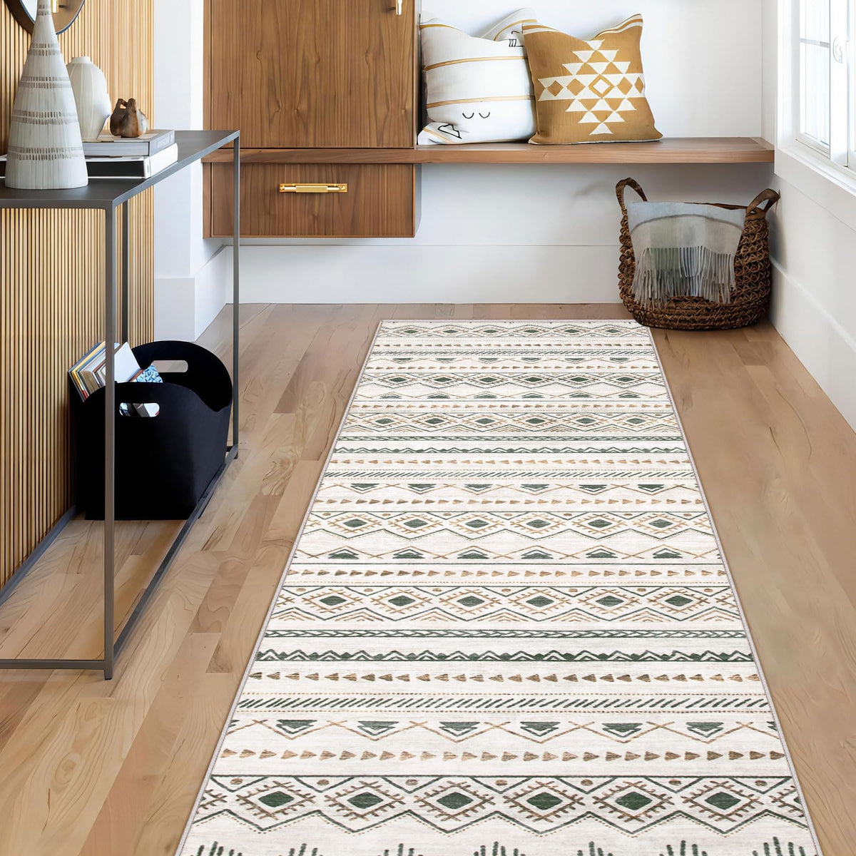 Area Rug for Living Room 6x9: Large Washable Boho Moroccan Rugs Geometric Neutral Rug, Non-Slip Foldable Morden Farmhouse Indoor Floor Carpet for Bedroom Dining Table Home(Brown Green,6'x9')