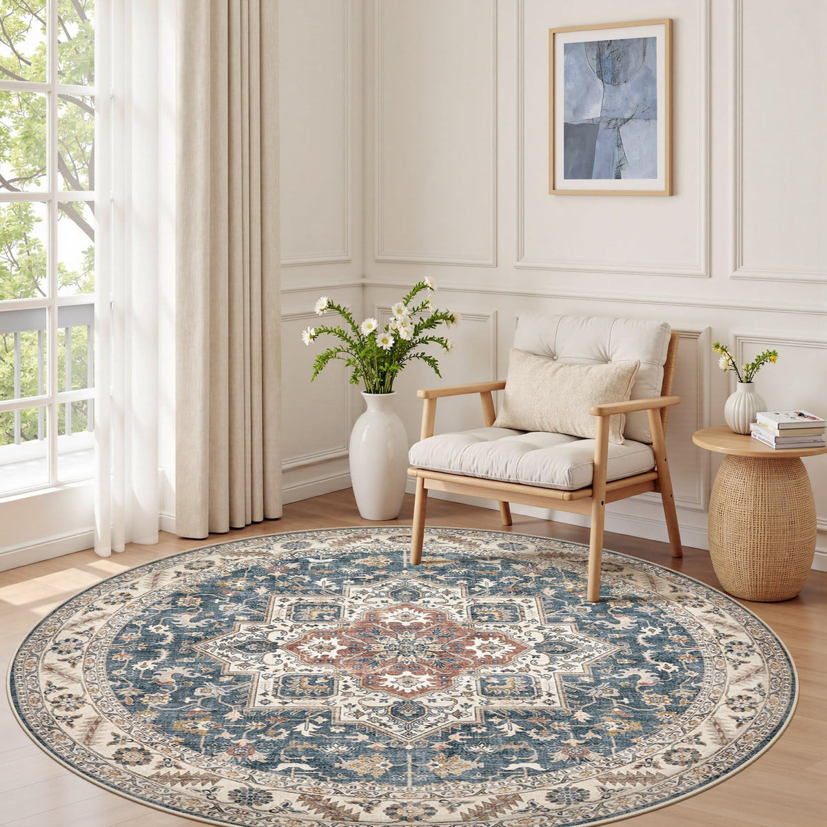 cotiled 5x7 Area Rug for Living Room, Washable, Traditional, Beige