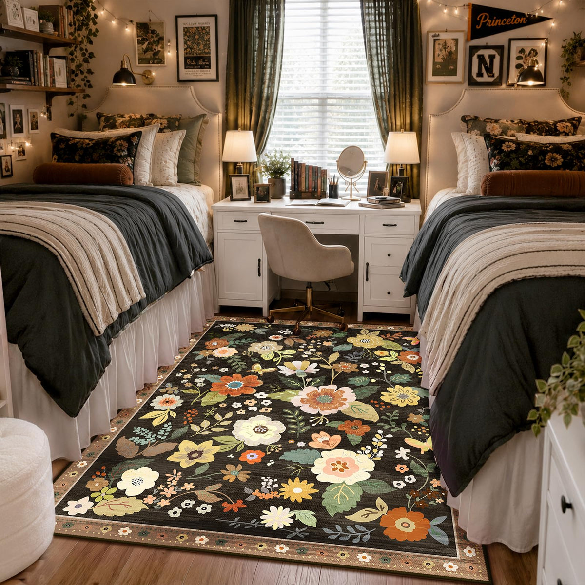 RELEANY Floral Washable 5x7 Area Rugs Black