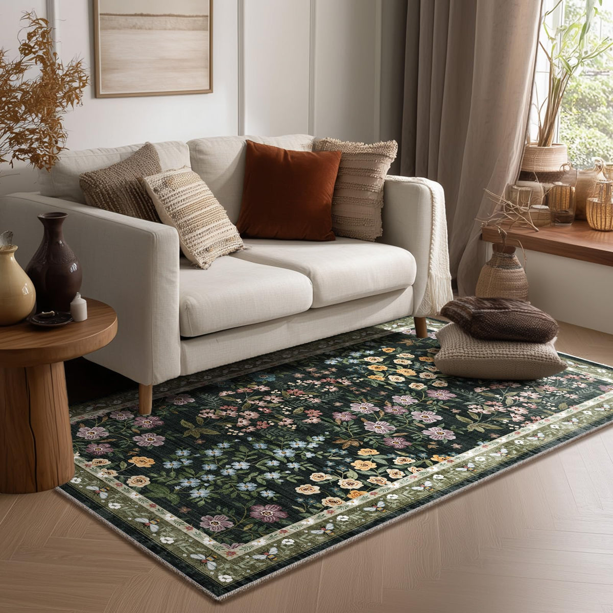Washable Area Rugs for Living Room: 9x12 Area Rug for Bedroom Vintage Stain Resistant Non Slip Low Pile Lightweight Soft Carpet for Kitchen Dining Room Farmhouse Kids Room Nursery
