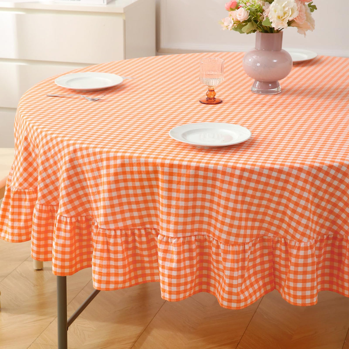 Blush White Gingham Ruffled Table Cloth Rectangular 120“x60”