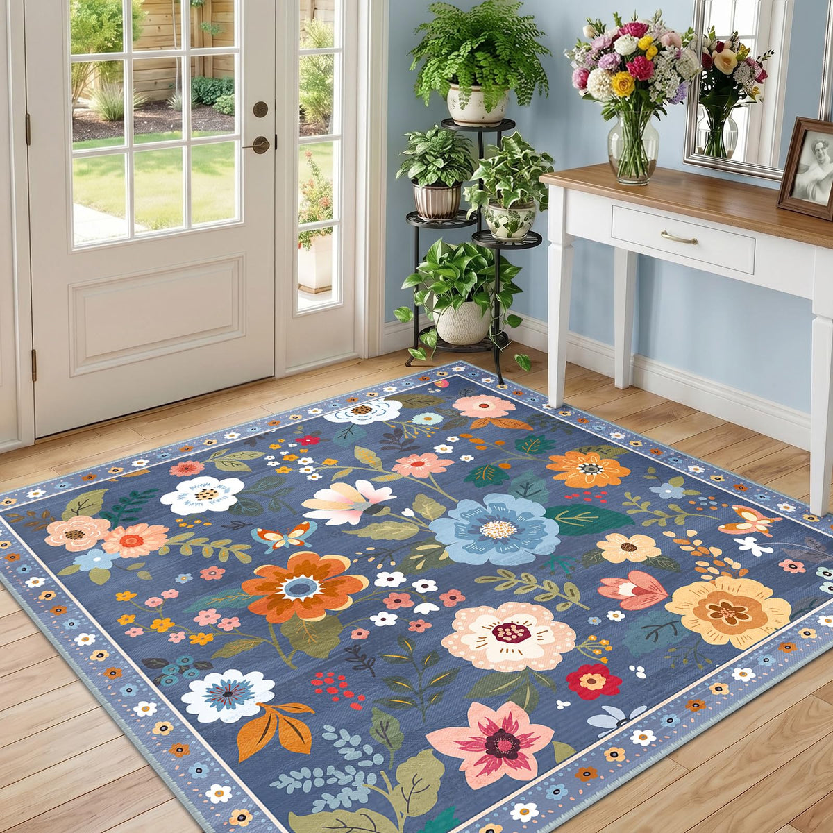 RELEANY Floral Washable 5x7 Area Rugs Black