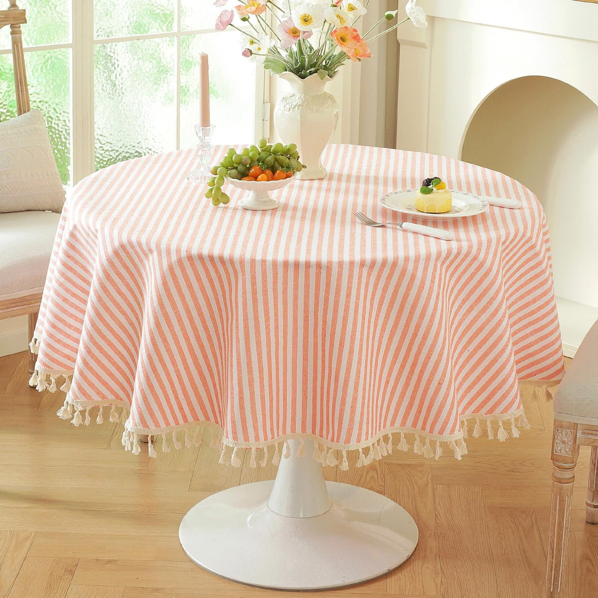 meioro Table Cloth Blue White Striped Tablecloth with Tassels Cotton Linen Dust-Proof Table Cover for Dining Buffet Kitchen Picnic Tables, Parties Holiday Indoor Outdoor Tablecloths (39x55 Inch)