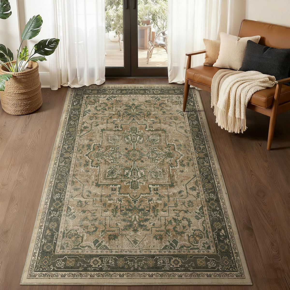 Vintage Dark Green Area Rugs 5x7 for Living Room, Tranditional Distressed Medallion Printed Low Pile Thin Rugs for Bedroom, Non Slip Washable Carpet Rugs for Dining Room/Kitchen/Home Office