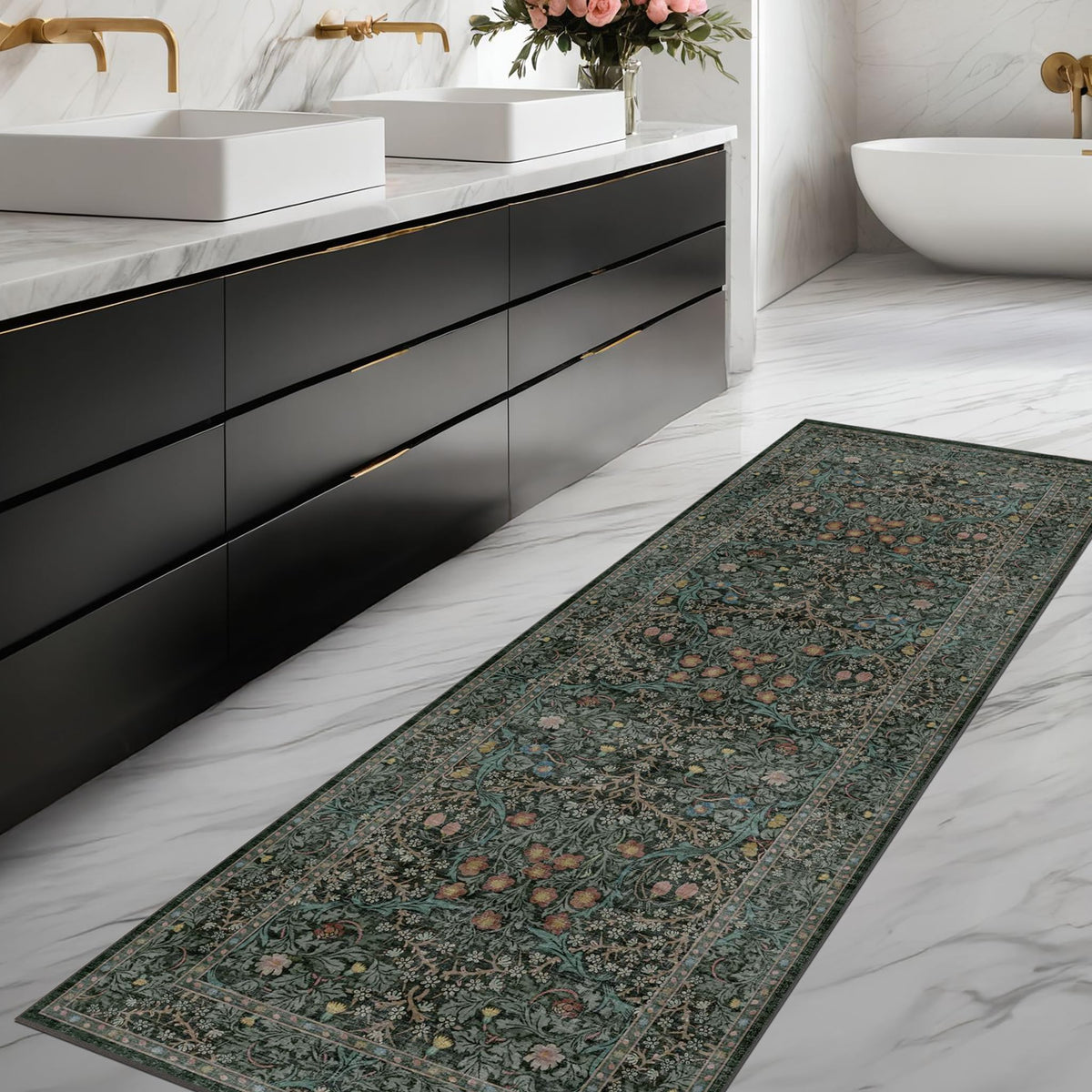 Vintage Floral Dark Green 3x5 Area Rugs for Entryway, Kitchen, Bedroom Beside Rug, Laundry Room, Non-Slip Low Pile Ultra Soft Stain Resistant Small Carpet