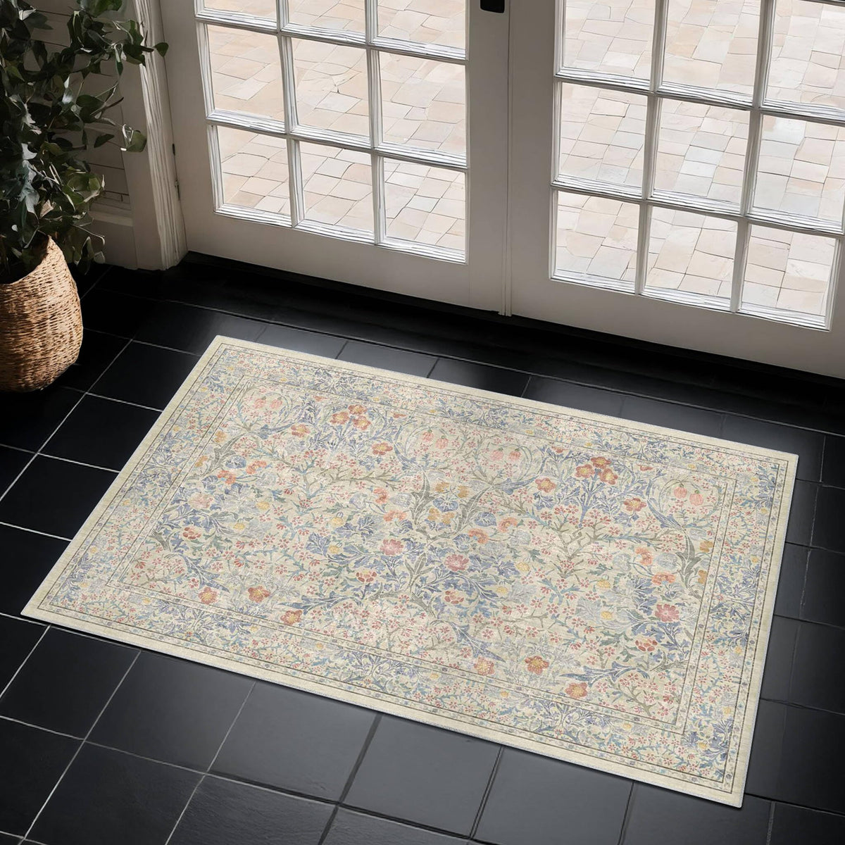 Vintage Floral Dark Green 3x5 Area Rugs for Entryway, Kitchen, Bedroom Beside Rug, Laundry Room, Non-Slip Low Pile Ultra Soft Stain Resistant Small Carpet