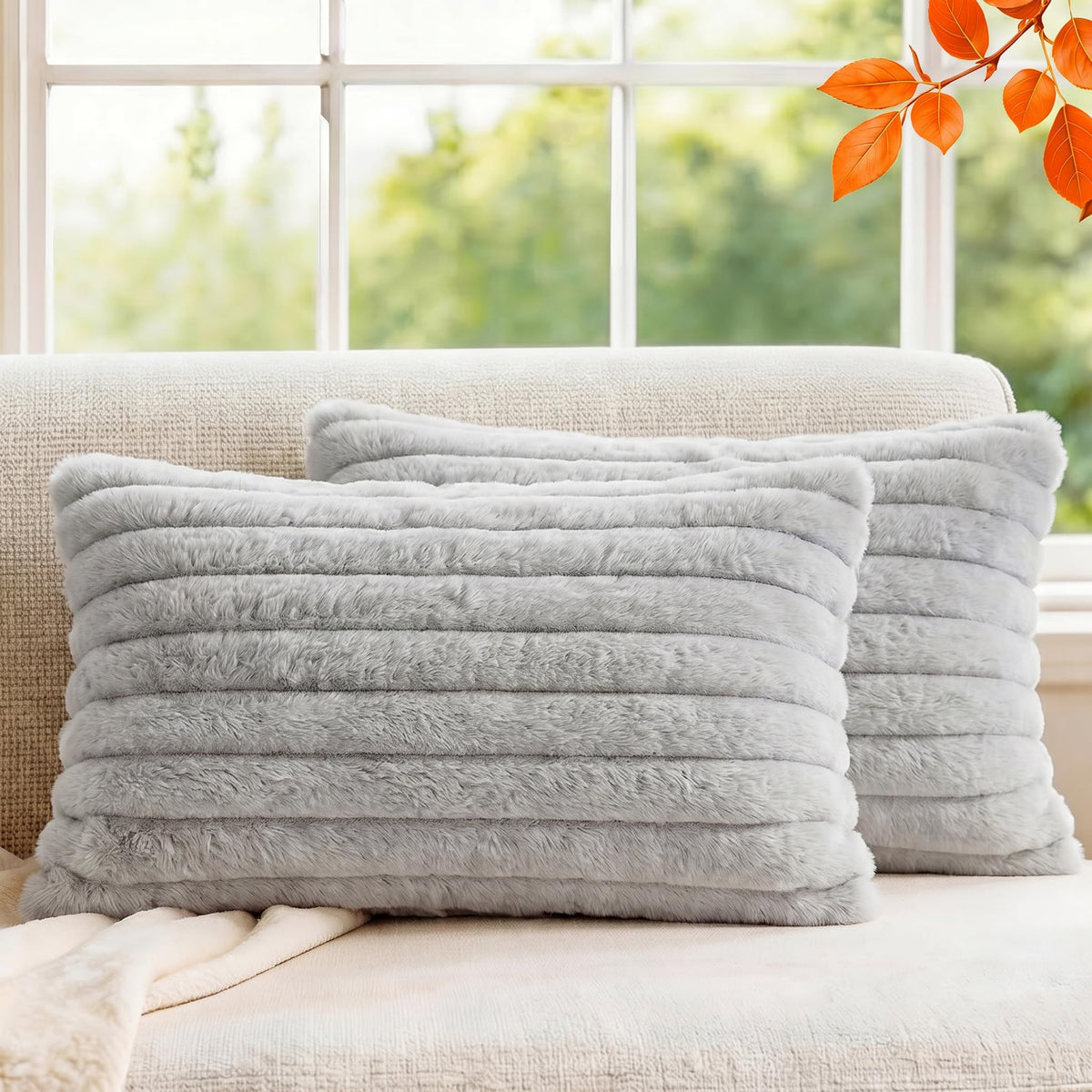 Set of 2 Decorative Throw Pillow Covers 18x18, Faux Fur Cream White