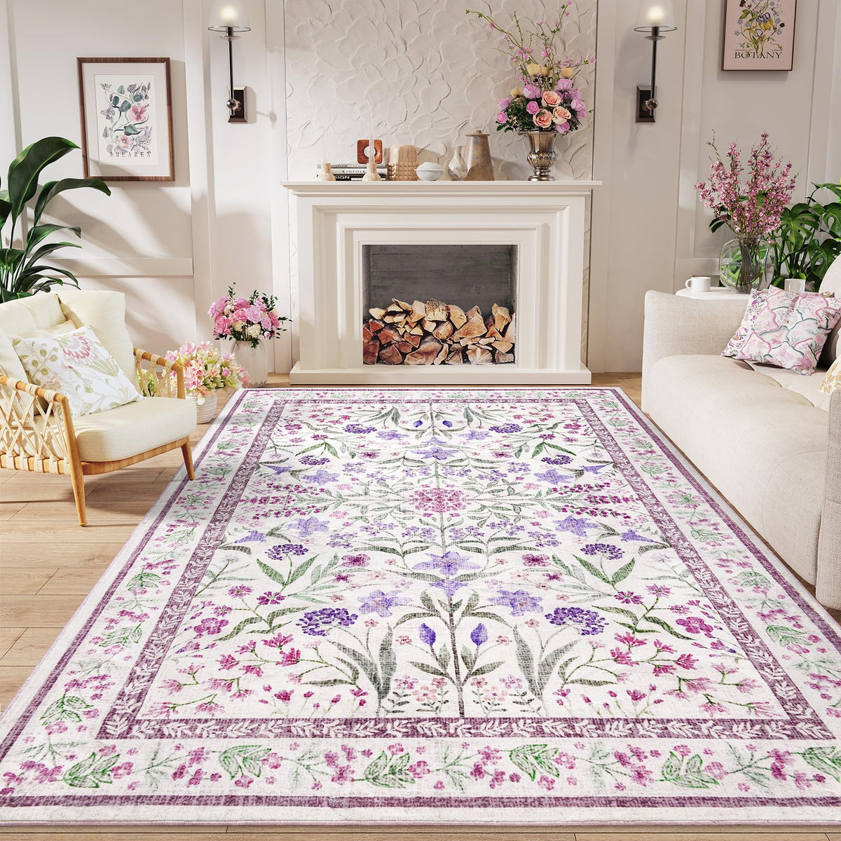 Amearea 6x9 Pink Rugs for Bedroom Girls, Floral Area Rugs for Living Room